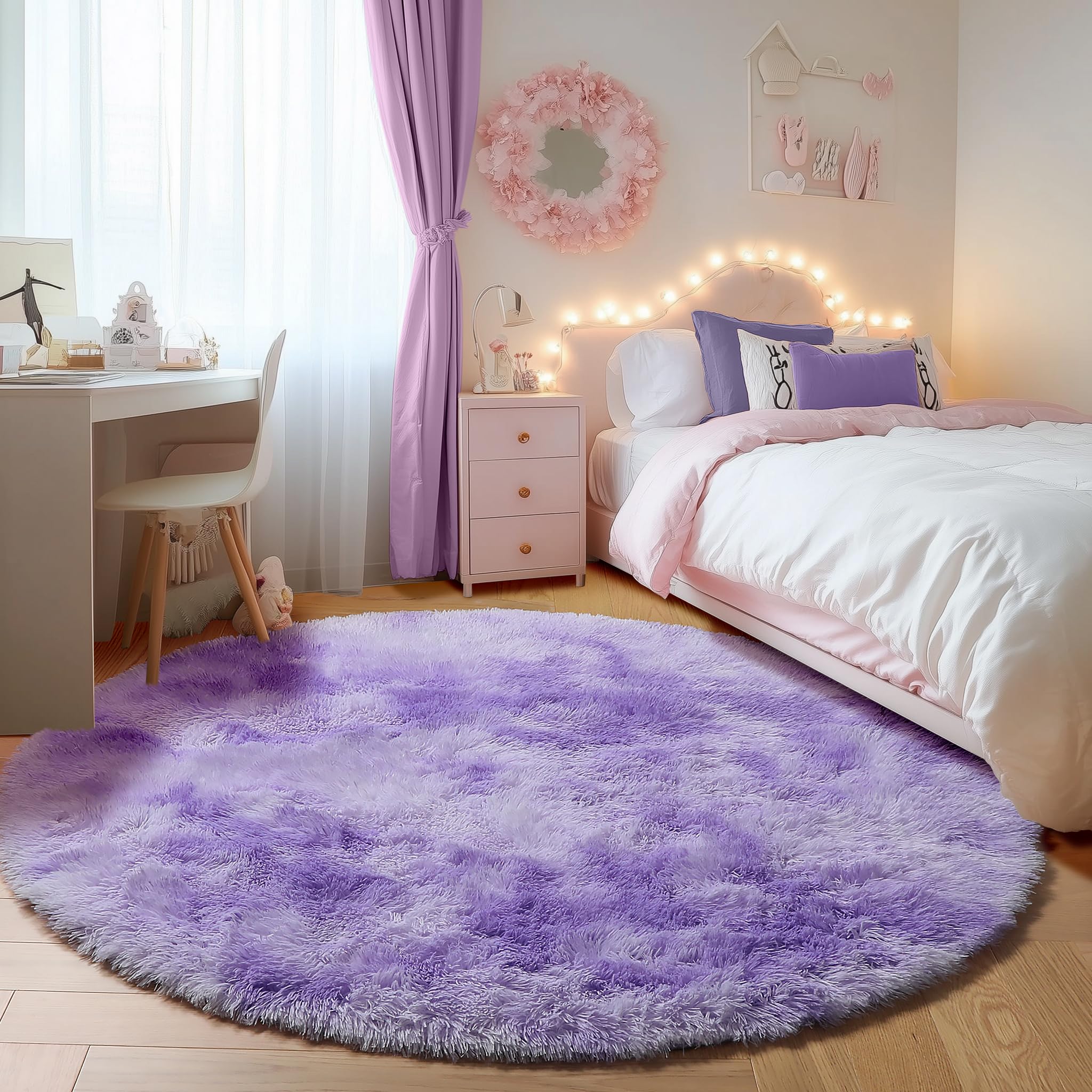 ONASAR Tie-Dyed Dark Grey Round Area Rugs 5ft, Ultra Soft Bedroom Circle Rug for Kids Girls Teen Room, Fluffy Plush Shaggy Carpet Floor Mats for Baby Nursery Living Room Playroom Home Decor