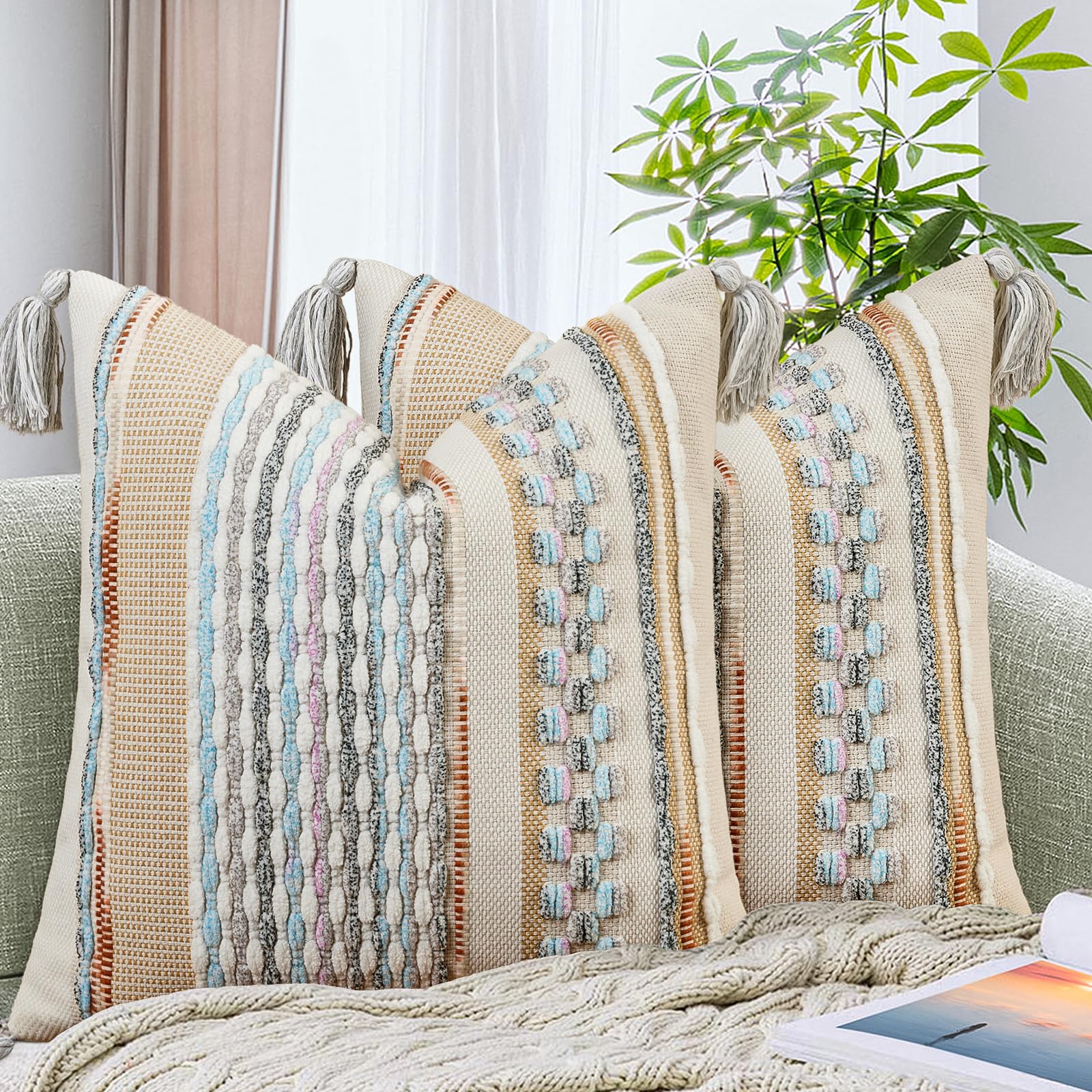 AmHoo Set of 2 Chenille Striped Tufted Textured Boho Throw Pillow Covers Aesthetic with Tassels Woven Decorative Pillow Case for Couch Bed Sofa Bedroom Modern Funky 18 x 18-Inch Brown White