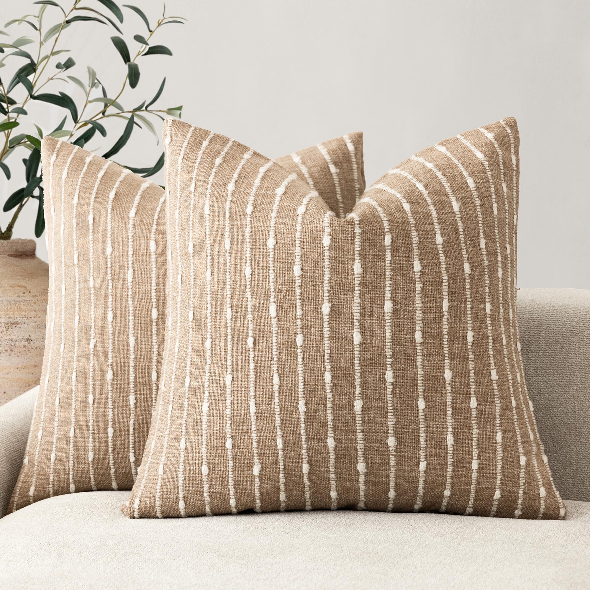 Foindtower Pack of 2 Decorative Jacquard Boucle Throw Pillow Covers Accent Textured Striped Pillowcases Soft Boho Modern Cushion for Couch Sofa Bedroom Living Room Home Decor 22x22 Inch Natural Beige