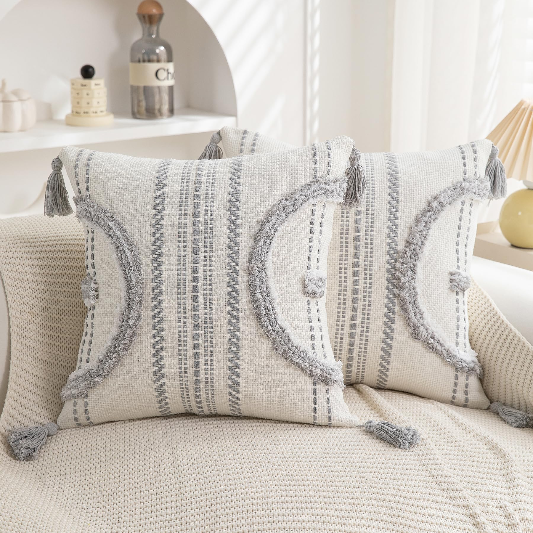 Boho Throw Pillow Covers 18x18 Set of 2 Cotton Woven Tufted Farmhouse Pillows Covers with Tassels Outdoor Neutral Navy Decorative Pillowcases Square Textured Accent Cushion Cases for Couch Bed Sofa