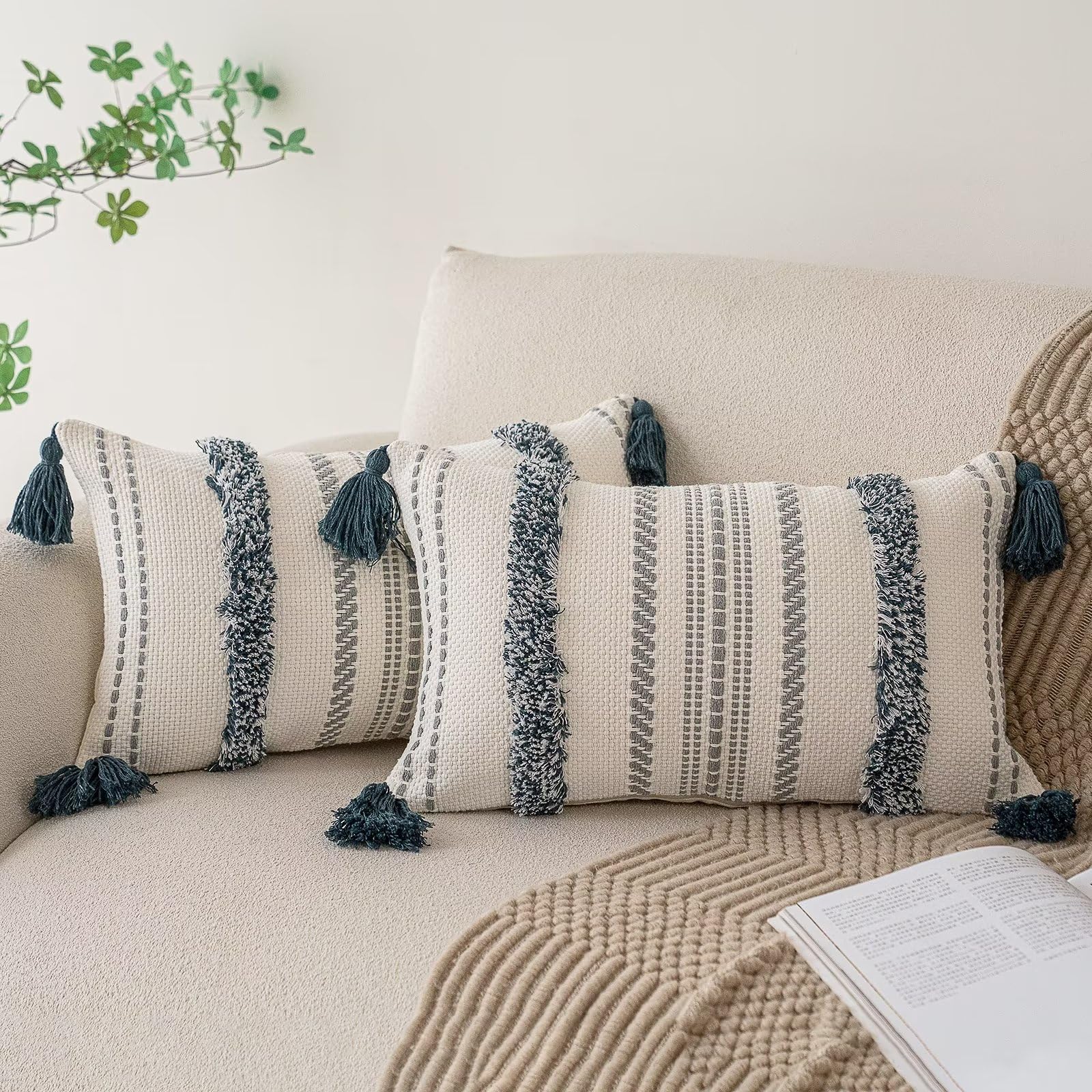 Boho Throw Pillow Covers 20x20 Set of 2 Woven Tufted Farmhouse Pillows Cover with Tassels Textured Striped Cushion Case Neutral Pillow Cases Decorative Pillowcase for Sofa, Couch, Bed, Dark Blue