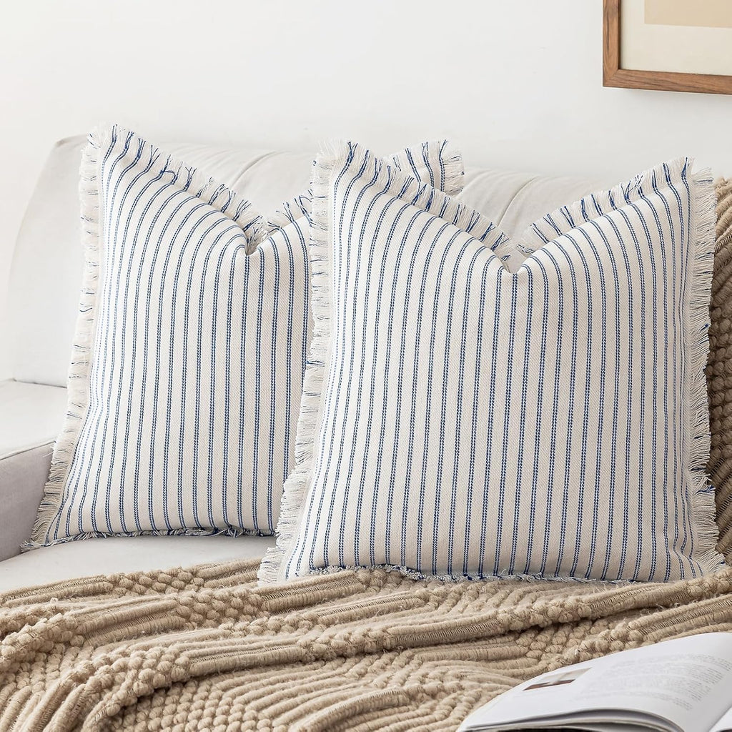 YEENAASY Throw Pillow Covers 22x22 Set of 2 Striped Fringe Pillow Cover Farmhouse Cushion Covers with Tassel Neutral Boho Pillows Decorative Square Pillowcase for Couch Sofa Bed, Blue