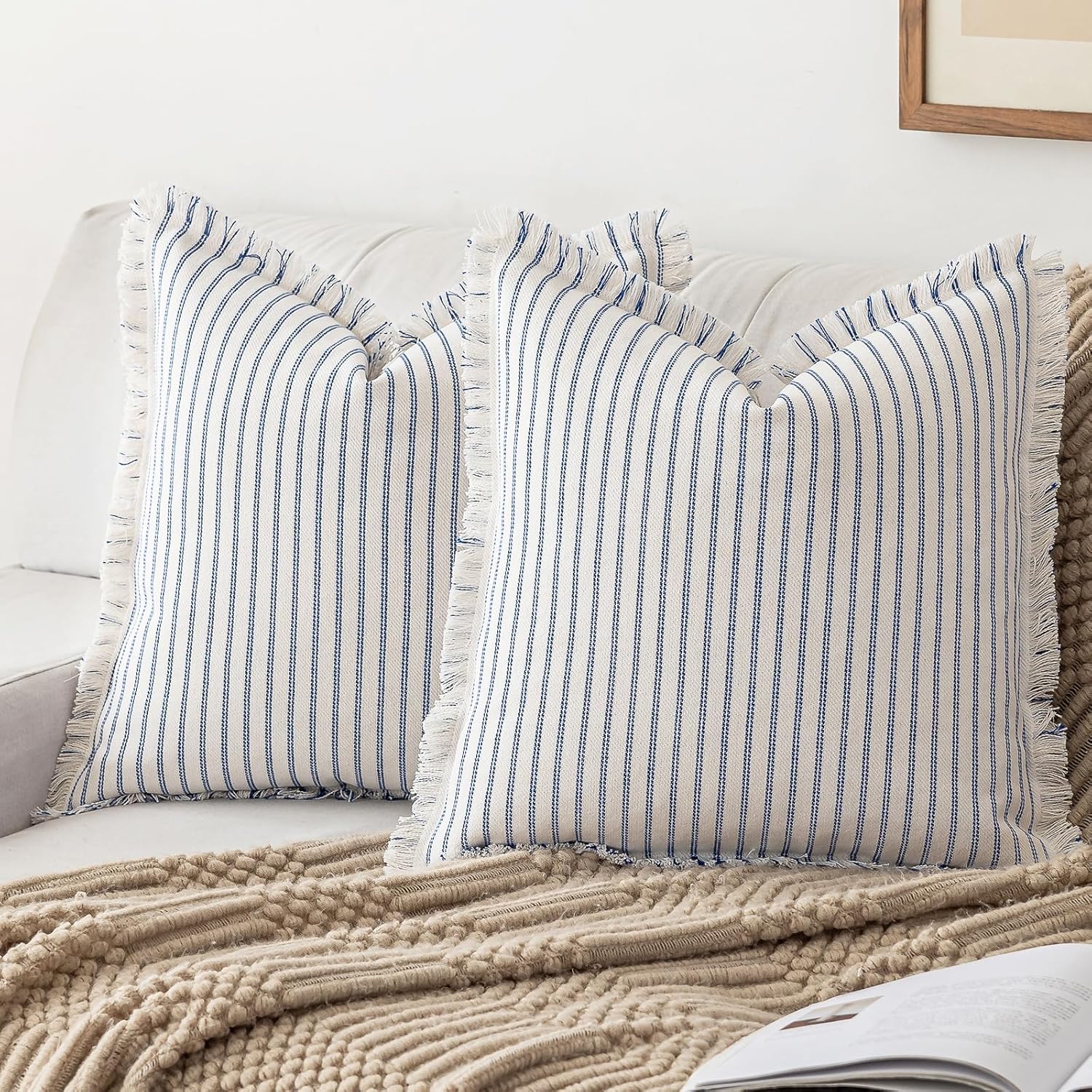 YEENAASY Throw Pillow Covers 22x22 Set of 2 Striped Fringe Pillow Cover Farmhouse Cushion Covers with Tassel Neutral Boho Pillows Decorative Square Pillowcase for Couch Sofa Bed, Blue