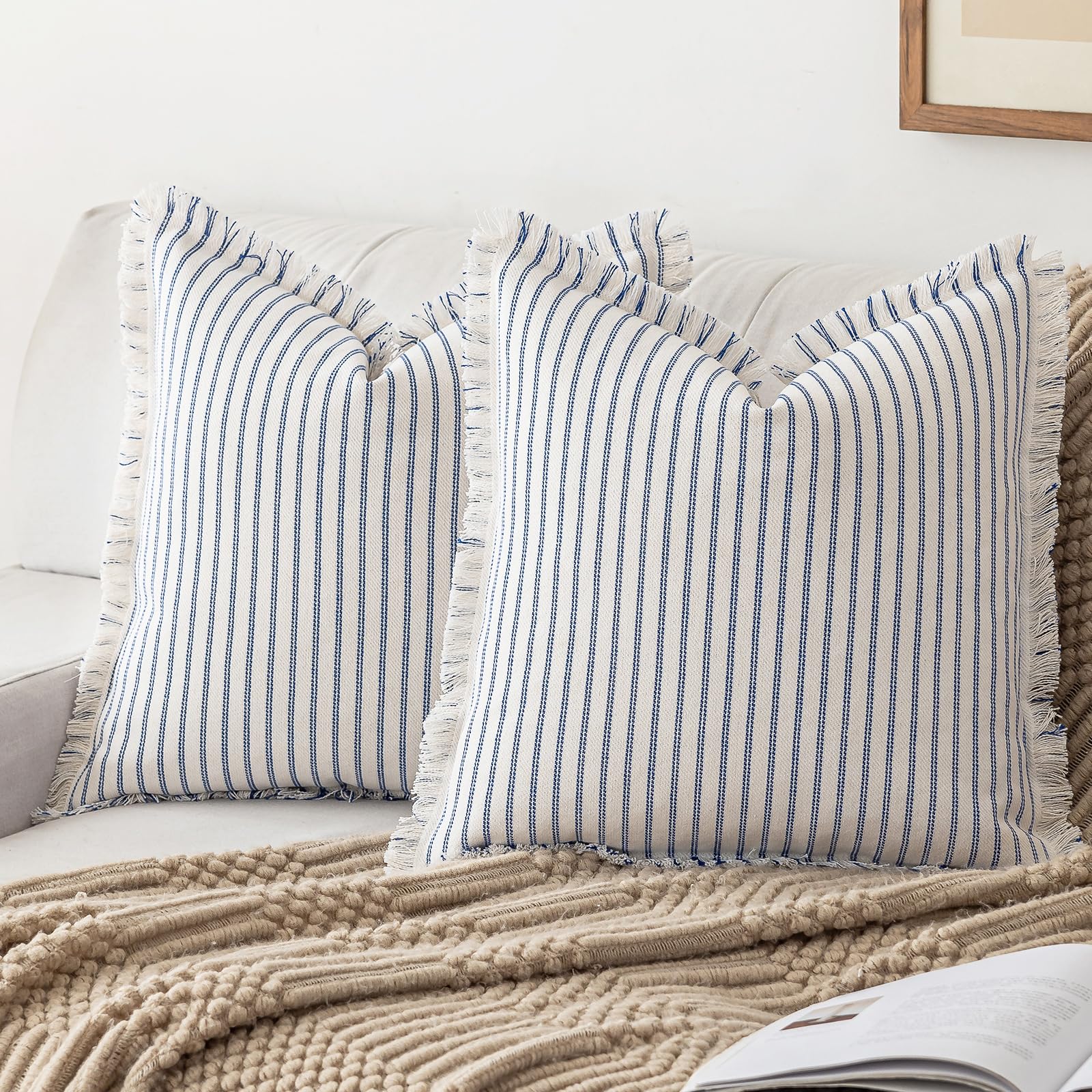 YEENAASY Throw Pillow Covers 22x22 Set of 2 Striped Fringe Pillow Cover Farmhouse Cushion Covers with Tassel Neutral Boho Pillows Decorative Square Pillowcase for Couch Sofa Bed, Blue