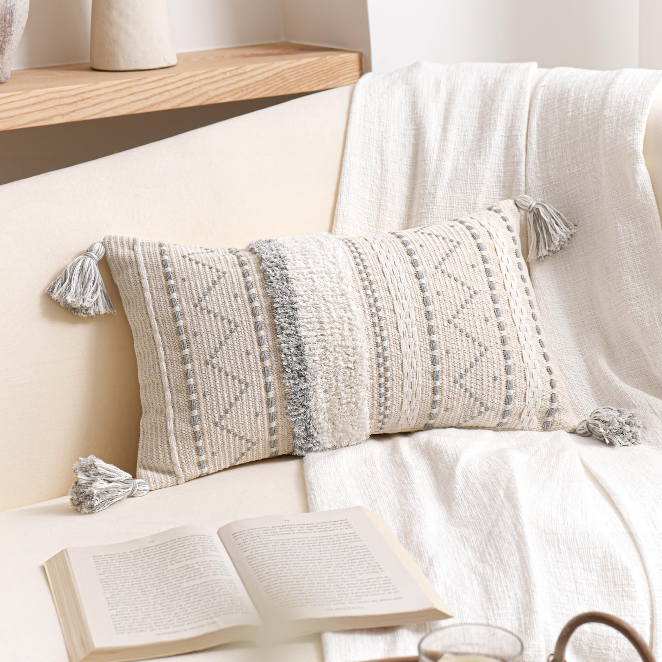 BlissBlush Decorative Throw Pillow Covers 20x20 Combo Set of 2 Square Cream Neutral White Boho Accent Pillowcase Tassels Farmhouse Cushion for Couch Sofa Bedroom Living Room Home Décor Cover ONLY