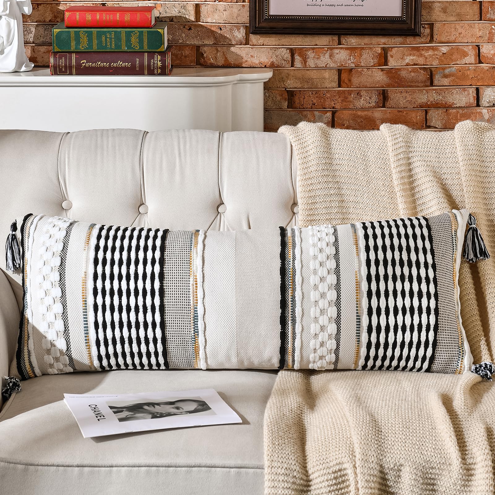 AmHoo Set of 2 Chenille Striped Tufted Textured Boho Throw Pillow Covers Aesthetic with Tassels Woven Decorative Pillow Case for Couch Bed Sofa Bedroom Modern Funky 18 x 18-Inch Brown White