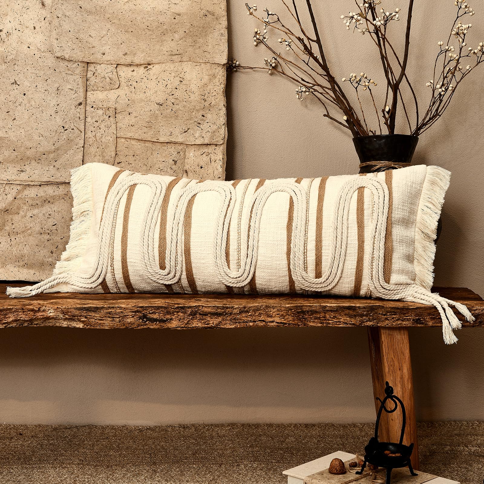Dark Brown Tassel Decorative Throw Pillow Cover 20x20 Square Woven Textured Farmhouse Pillows Cushion Cases for Couch Bed Sofa Living Room Decor (Pack of 1)
