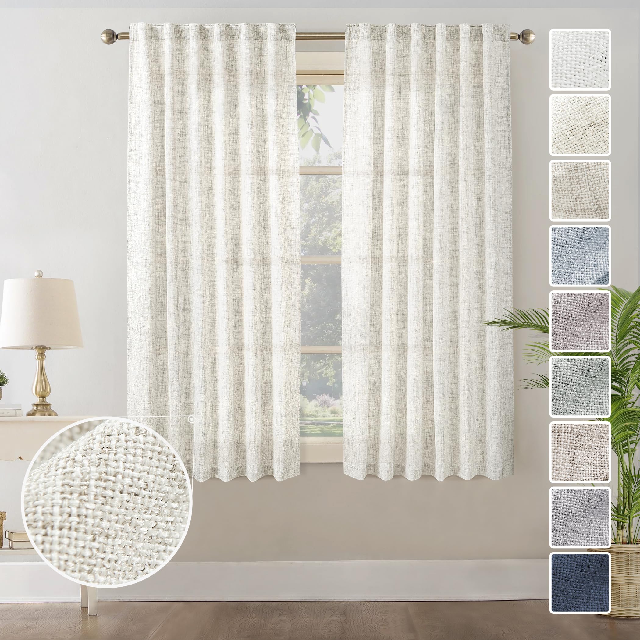 Natural Linen Back Tab Curtains 92 inch Long 2 Panels Set for Living Room Semi Sheer Light Filtering Window Drape Neutral Country Farmhouse Boho Curtains for Bedroom Cream Beige