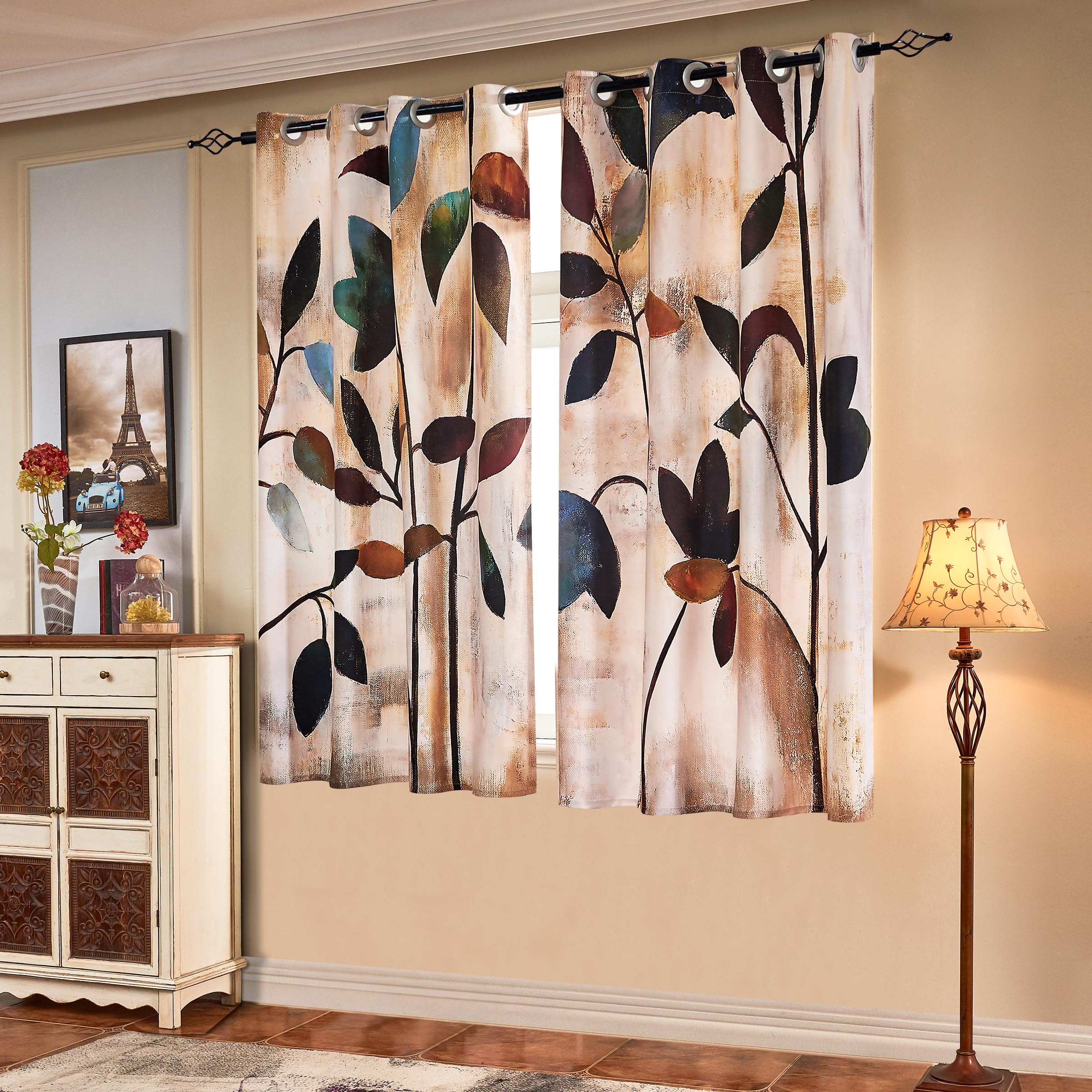 SUBRTEX Light Flitering Curtains 52Wx84L, Room Darkening Vibrant Floral Drapes, 50% Blackout, Semi Sheer Boho Farmhouse Curtains for Living Room, Brown