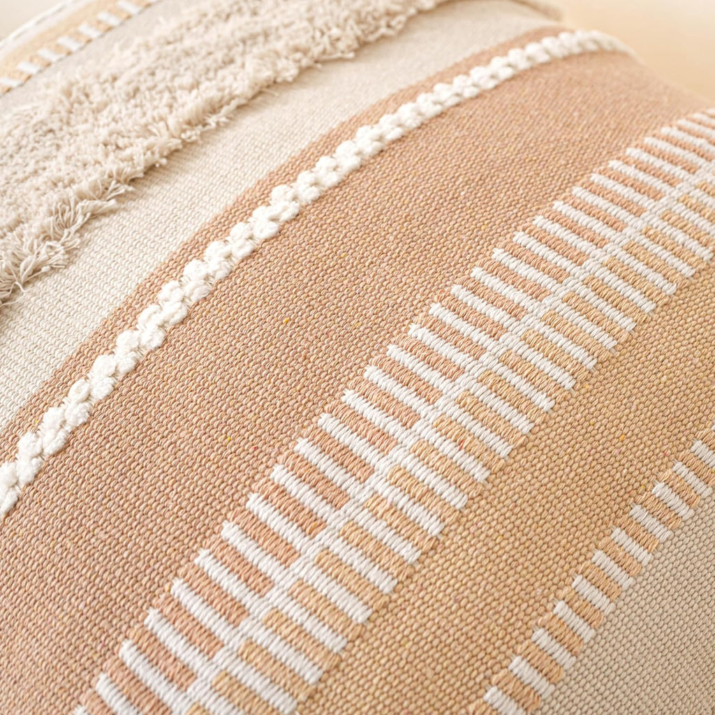 BlissBlush Decorative Throw Pillow Cover 20x20 Combo Set of 2 Square Neutral Beige Boho Accent Pillowcase Tassels Farmhouse Cushion for Couch Sofa Bedroom Living Room Home Décor Cover ONLY