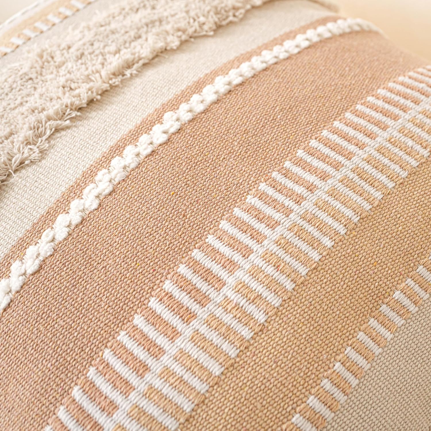 BlissBlush Decorative Throw Pillow Cover 20x20 Combo Set of 2 Square Neutral Beige Boho Accent Pillowcase Tassels Farmhouse Cushion for Couch Sofa Bedroom Living Room Home Décor Cover ONLY