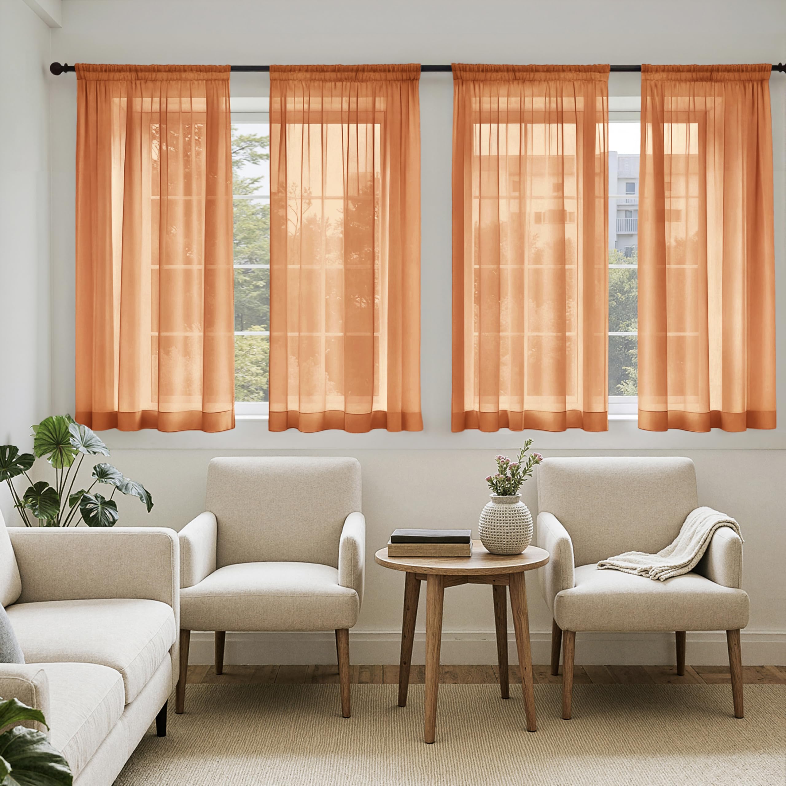 MIULEE Butter Cream Sheer Curtains 96 Inches Long, 4 Panels Set, Rod Pocket Voile Drapes Light Filtering and Semi Transparent, Elegant Window Treatments for Bedroom Living Room,42 x 96 Inches