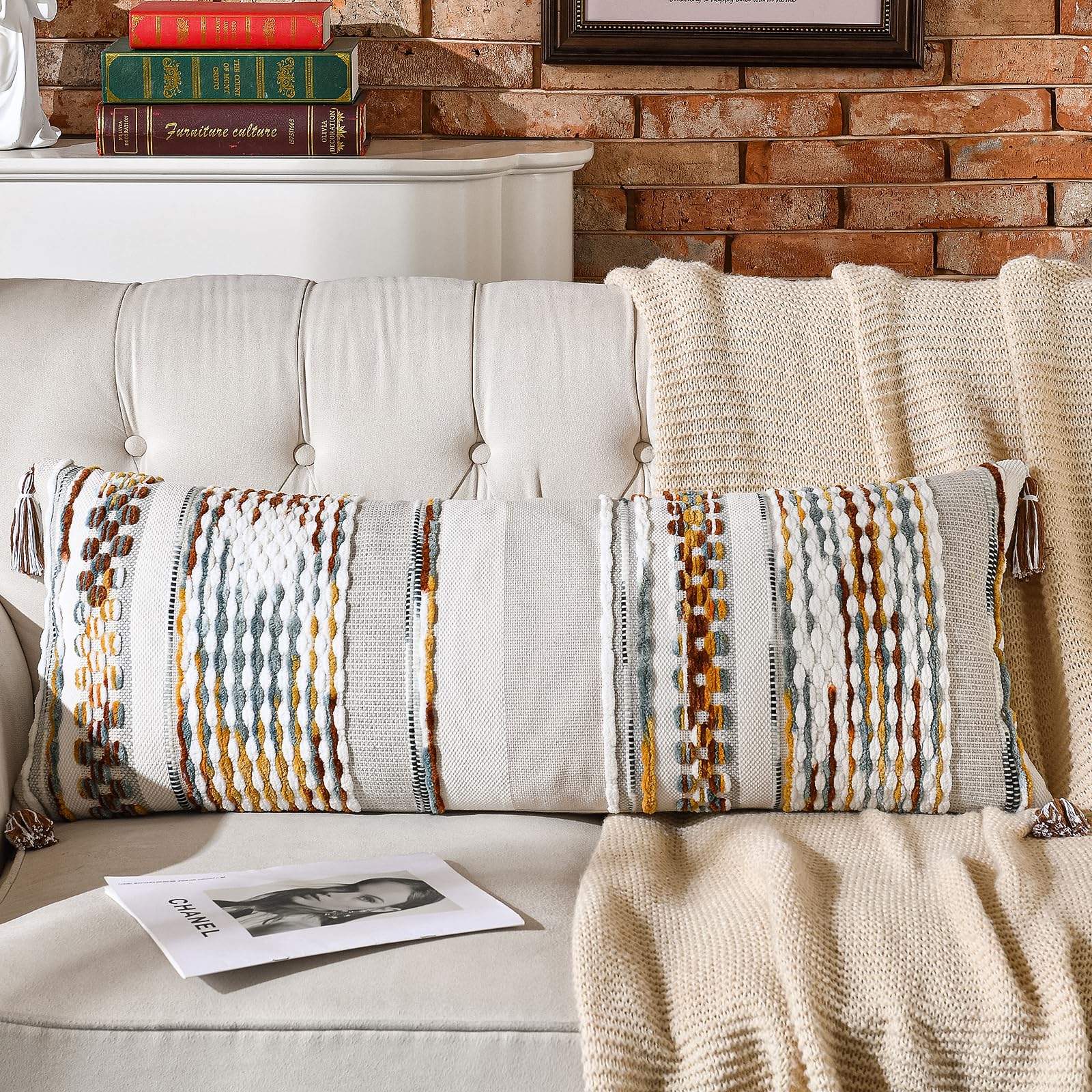 AmHoo Set of 2 Chenille Striped Tufted Textured Boho Throw Pillow Covers Aesthetic with Tassels Woven Decorative Pillow Case for Couch Bed Sofa Bedroom Modern Funky 18 x 18-Inch Brown White
