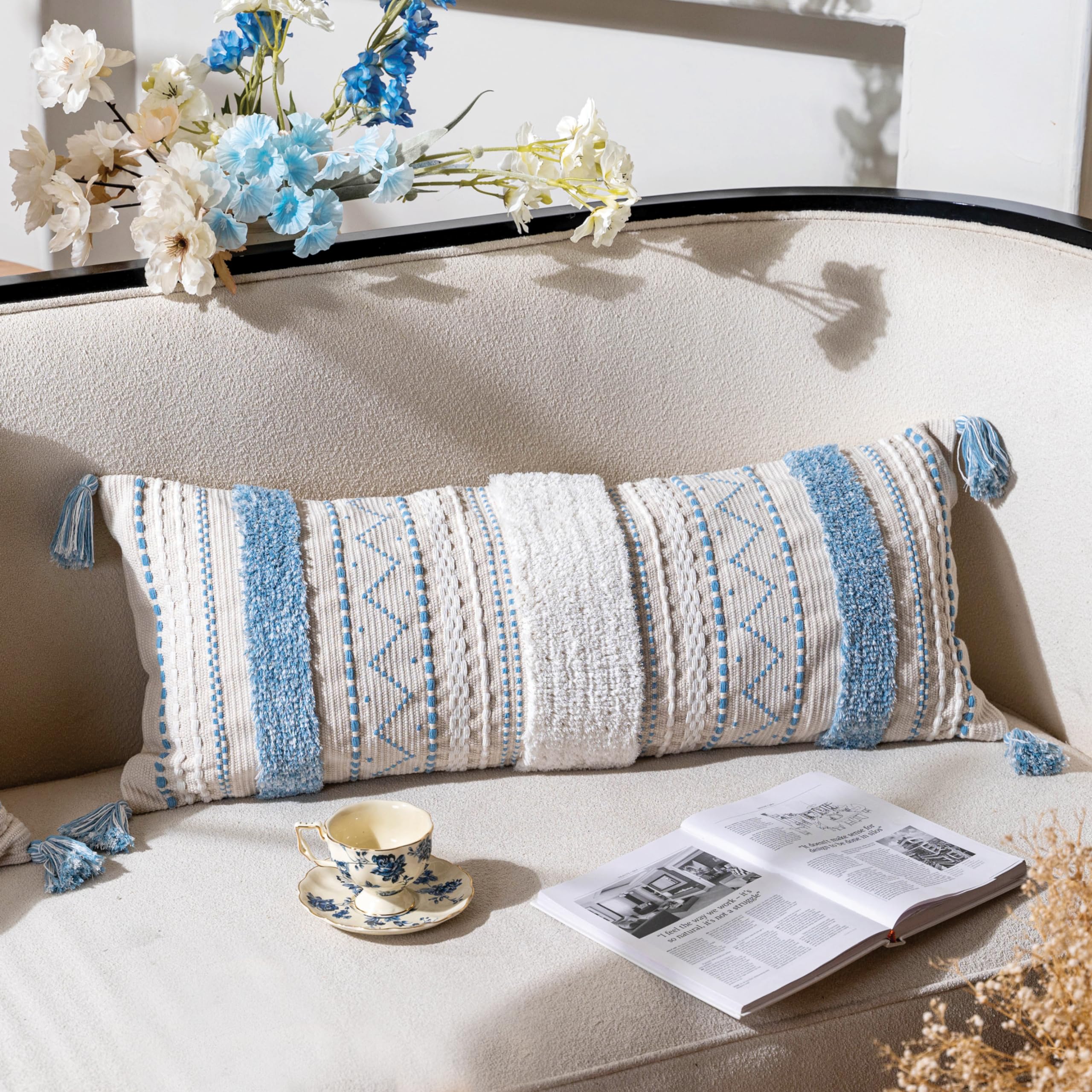 BlissBlush Decorative Throw Pillow Covers 20x20 Combo Set of 2 Square Cream Neutral White Boho Accent Pillowcase Tassels Farmhouse Cushion for Couch Sofa Bedroom Living Room Home Décor Cover ONLY