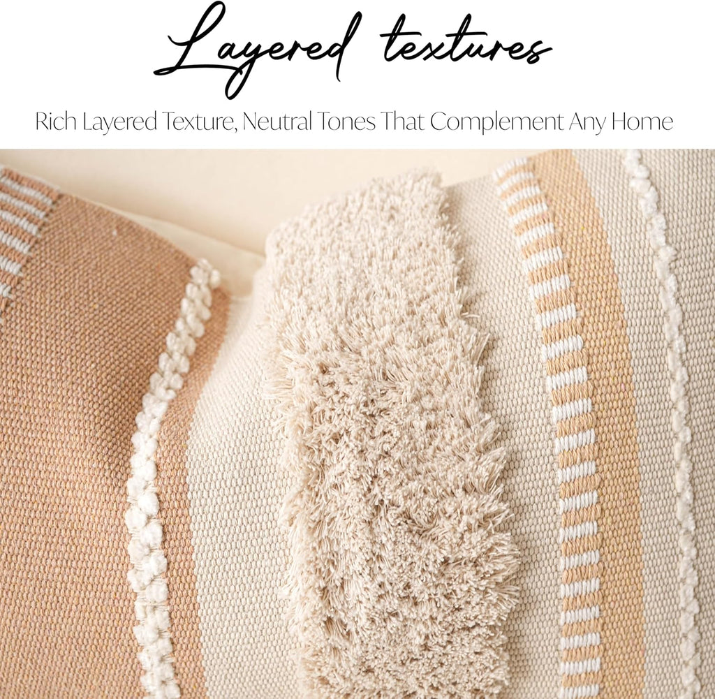 BlissBlush Decorative Throw Pillow Cover 20x20 Combo Set of 2 Square Neutral Beige Boho Accent Pillowcase Tassels Farmhouse Cushion for Couch Sofa Bedroom Living Room Home Décor Cover ONLY