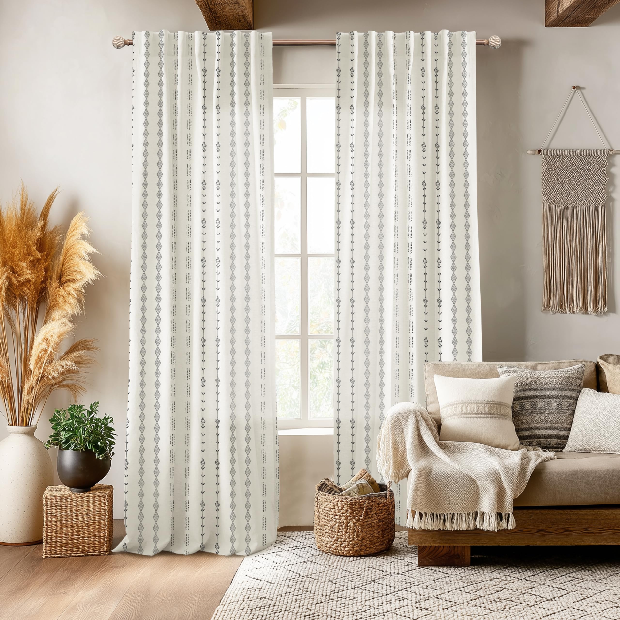 Linen Farmhouse Curtains for Living Room, Neutral Taupe Cream Light Filtering Boho Sheer Floral Patterned Curtains for Dining Room Bedroom 84 Inch Length 2 Panels Set