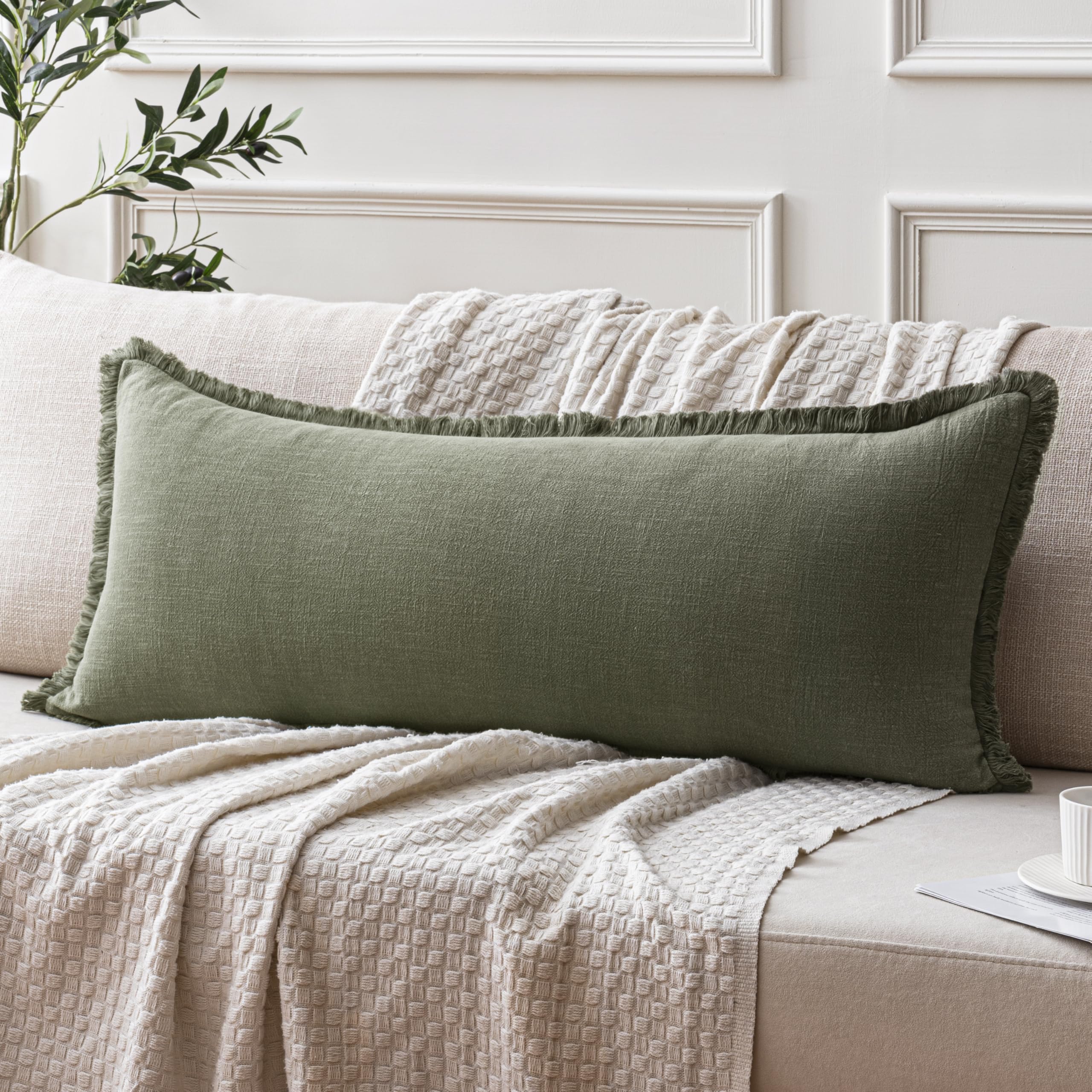 ANRODUO Set of 2 Decorative Throw Pillow Covers 26×26 Inch Soft Linen Fringe Farmhouse Boho Vintage Cushion Covers with Tassels Accent Pillowcase for Couch Sofa Bed Living Room Summer Decor Cream