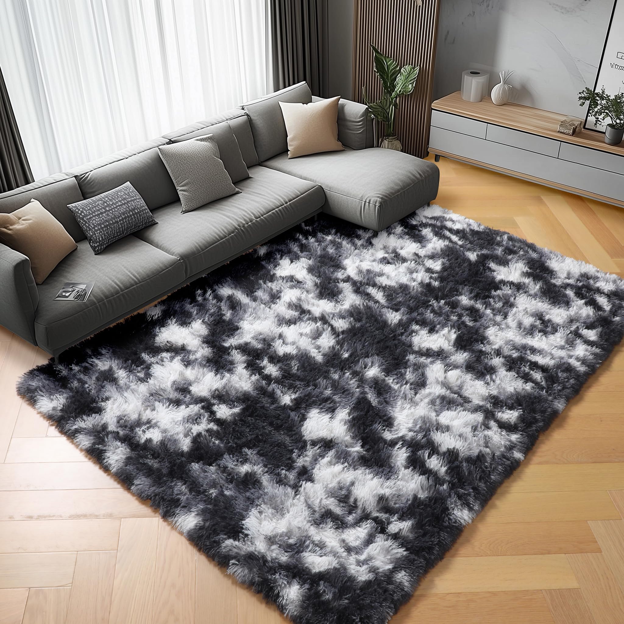 ONASAR Tie-Dyed Dark Grey Round Area Rugs 5ft, Ultra Soft Bedroom Circle Rug for Kids Girls Teen Room, Fluffy Plush Shaggy Carpet Floor Mats for Baby Nursery Living Room Playroom Home Decor