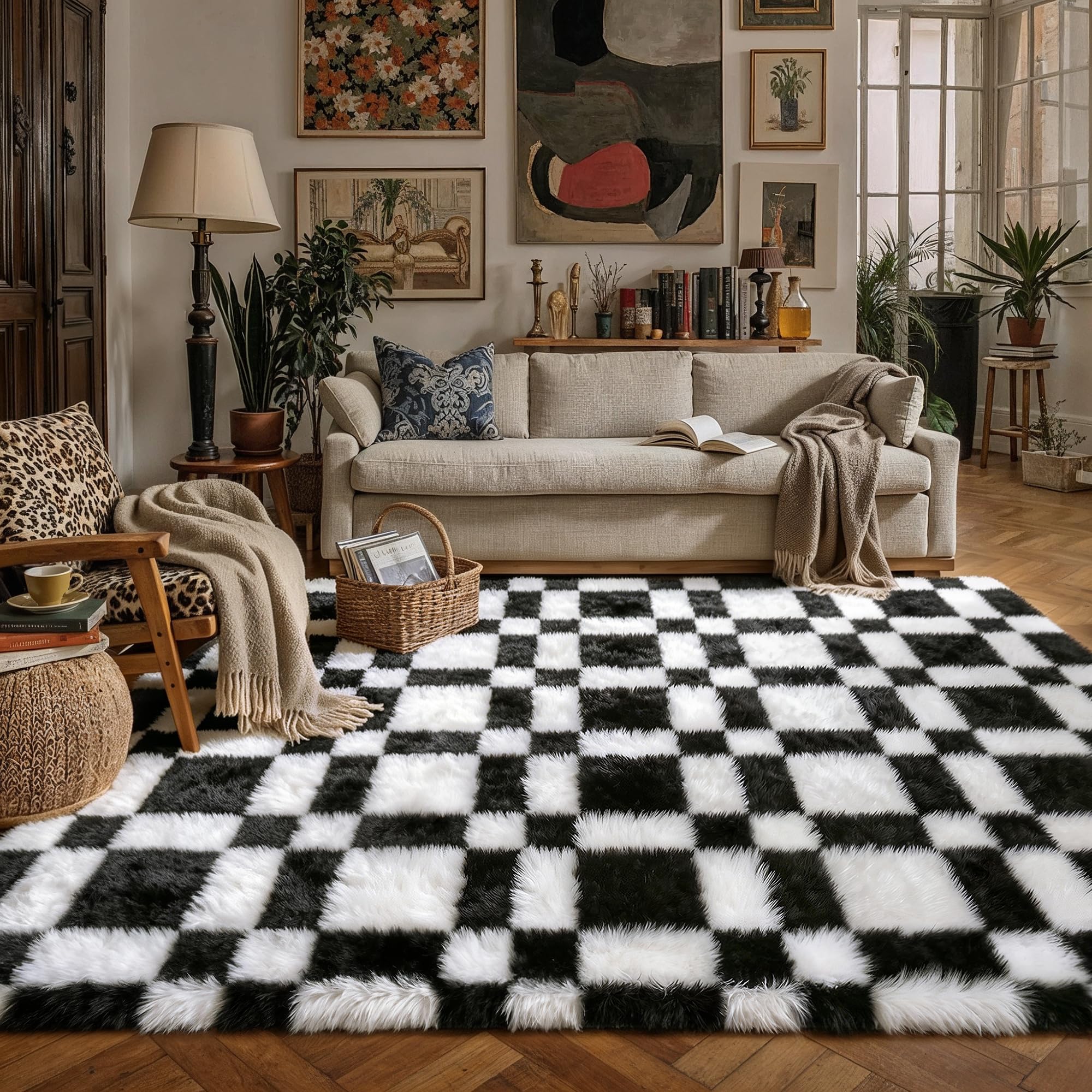 HUGEAR 8x10 Checkered Rug Coloful Living Room Modern Shag Rug Super Soft Washable Indoor Fuzzy Carpet Fluffy Vacuumable Rainbow Area Rugs for Bedroom Home Decor Non Slip