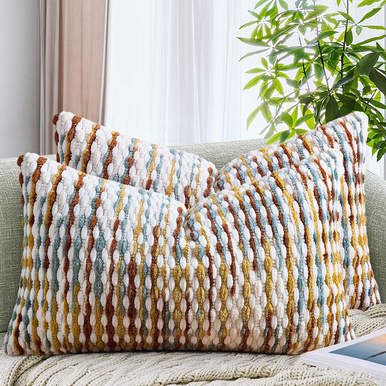 20×20 Inch Brown Boho Chenille Pillow Covers, Set of 2 Tufted Pillowcases for Home Decor