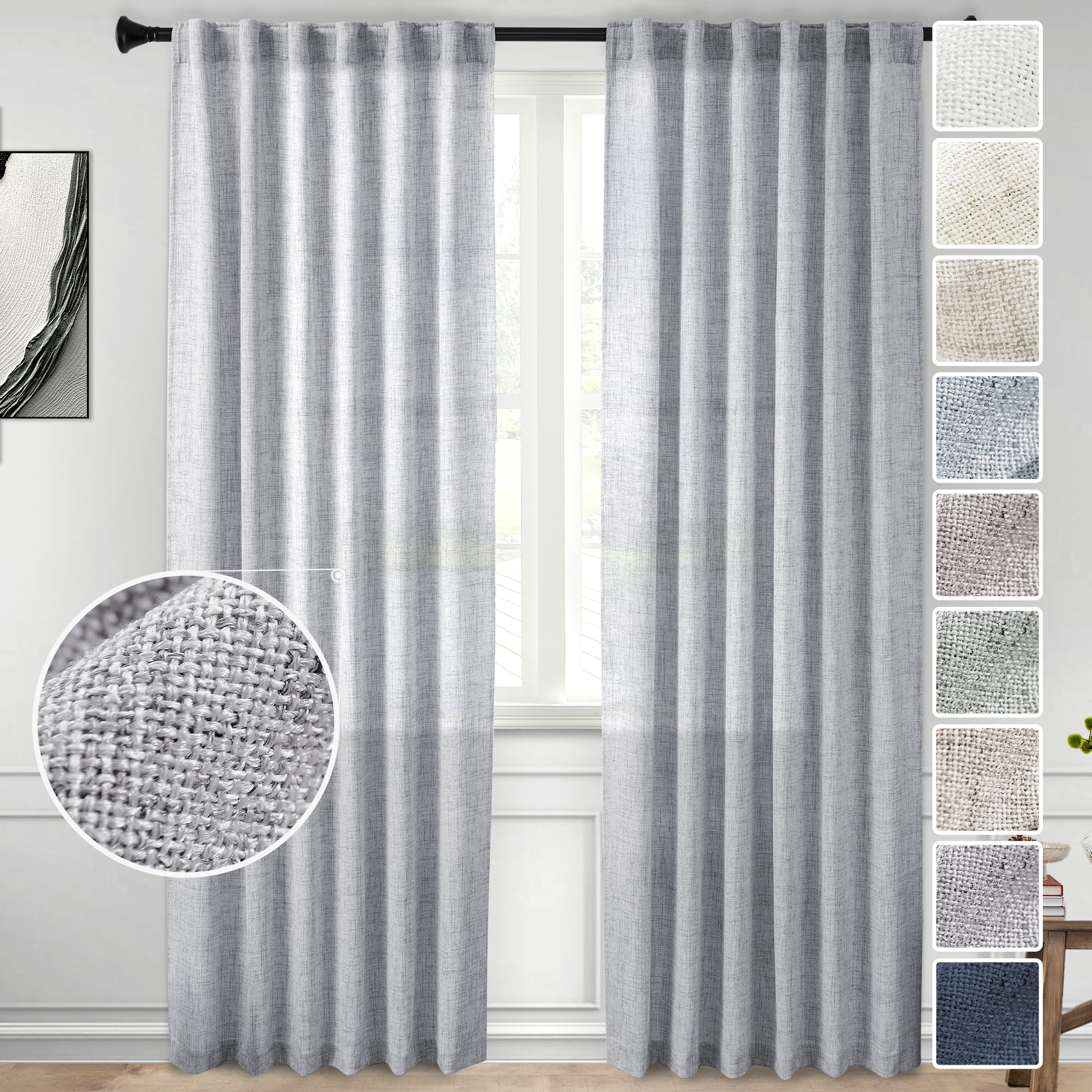 Natural Linen Back Tab Curtains 92 inch Long 2 Panels Set for Living Room Semi Sheer Light Filtering Window Drape Neutral Country Farmhouse Boho Curtains for Bedroom Cream Beige