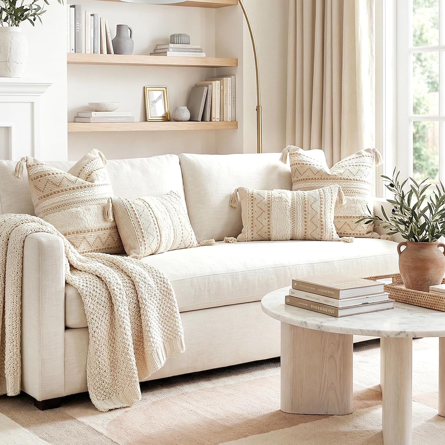 BlissBlush Decorative Throw Pillow Covers 20x20 Combo Set of 2 Square Cream Neutral White Boho Accent Pillowcase Tassels Farmhouse Cushion for Couch Sofa Bedroom Living Room Home Décor Cover ONLY