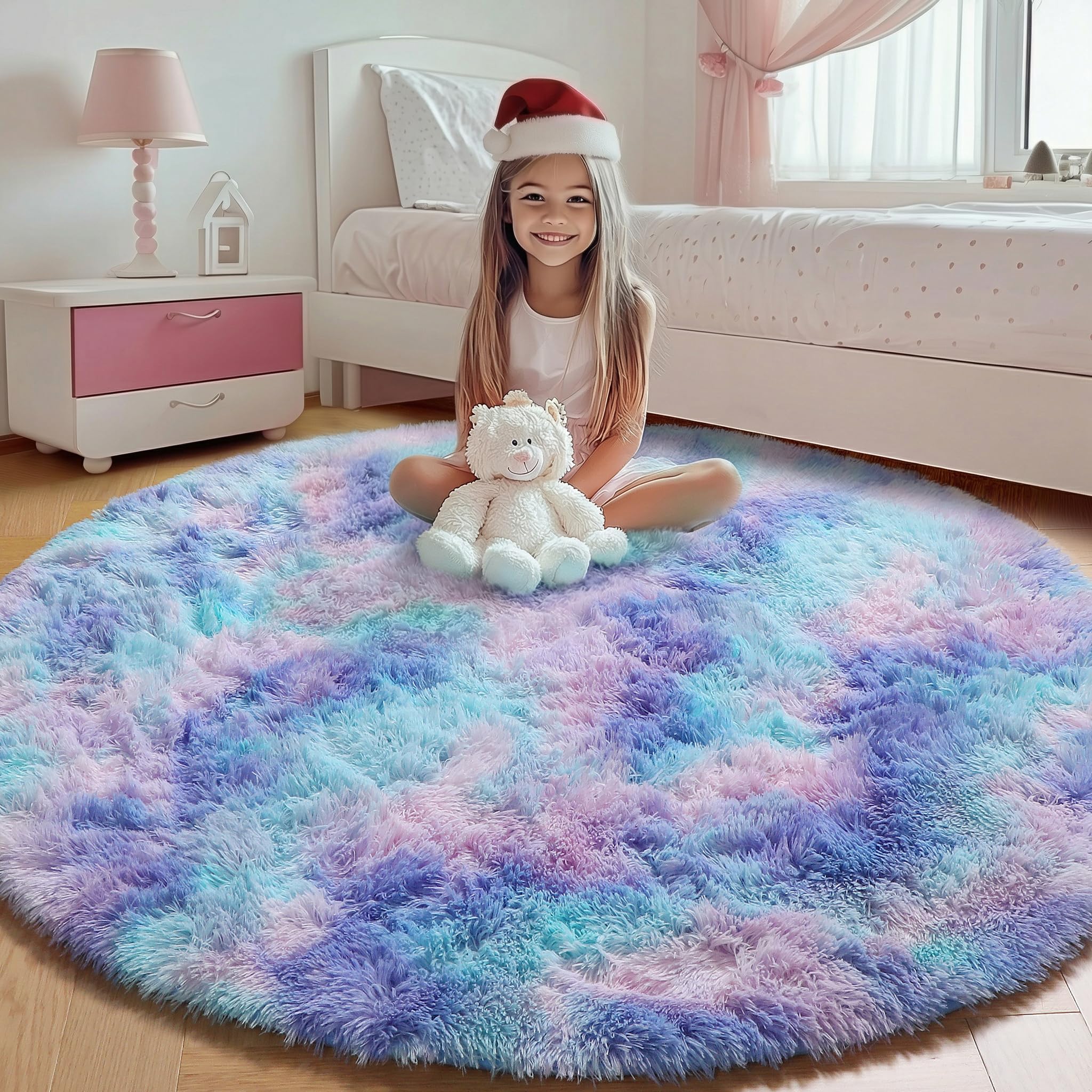 ONASAR Tie-Dyed Dark Grey Round Area Rugs 5ft, Ultra Soft Bedroom Circle Rug for Kids Girls Teen Room, Fluffy Plush Shaggy Carpet Floor Mats for Baby Nursery Living Room Playroom Home Decor
