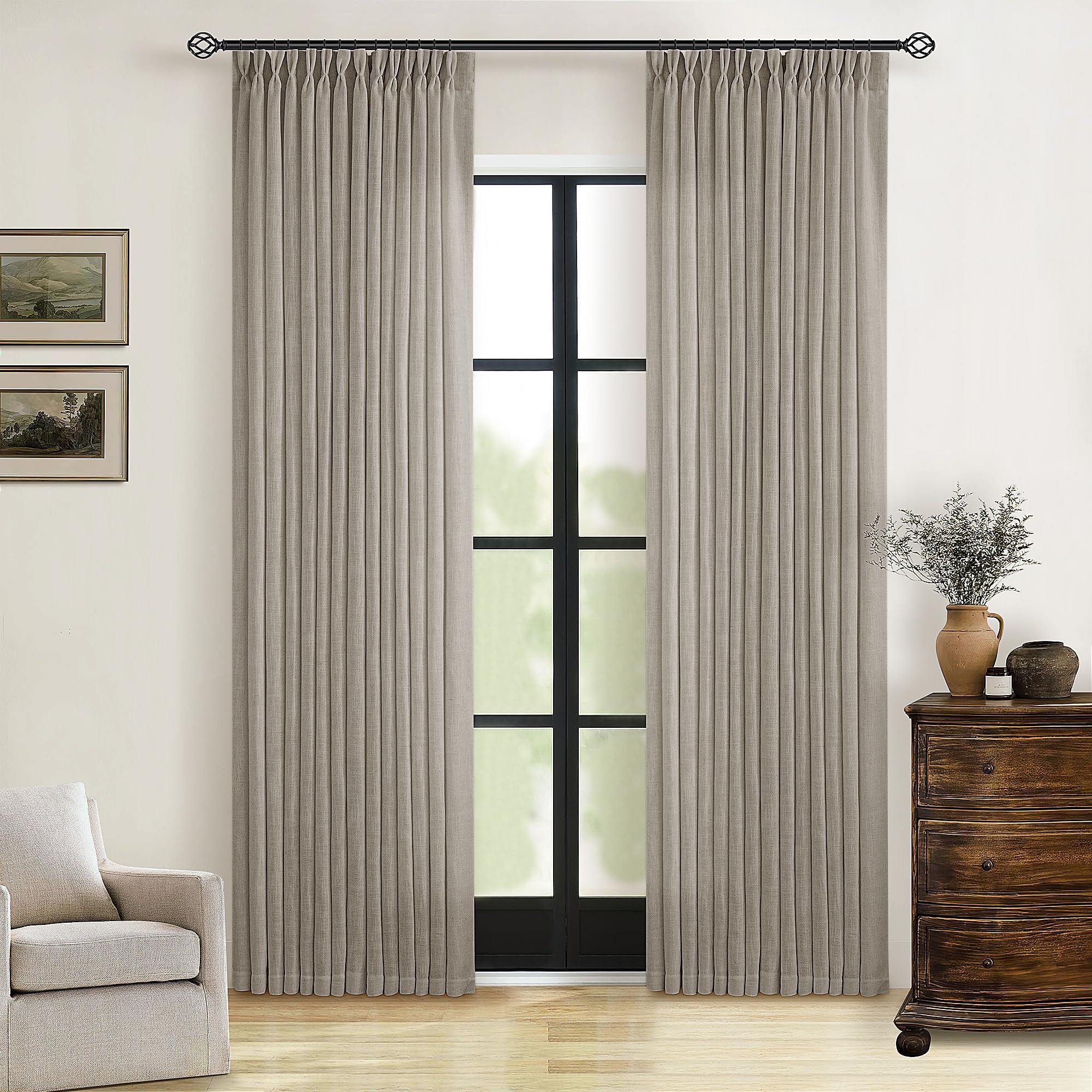Dutch Cocoa Pinch Pleated Linen Curtains 84 Inches Long 60 Inch Width Linen Blend Light Filtering Window Curtains 84 Inch for Living Room Bedroom Patio Pinch Pleat Drapes Hooks Rings 1 Panel 60Wx84L