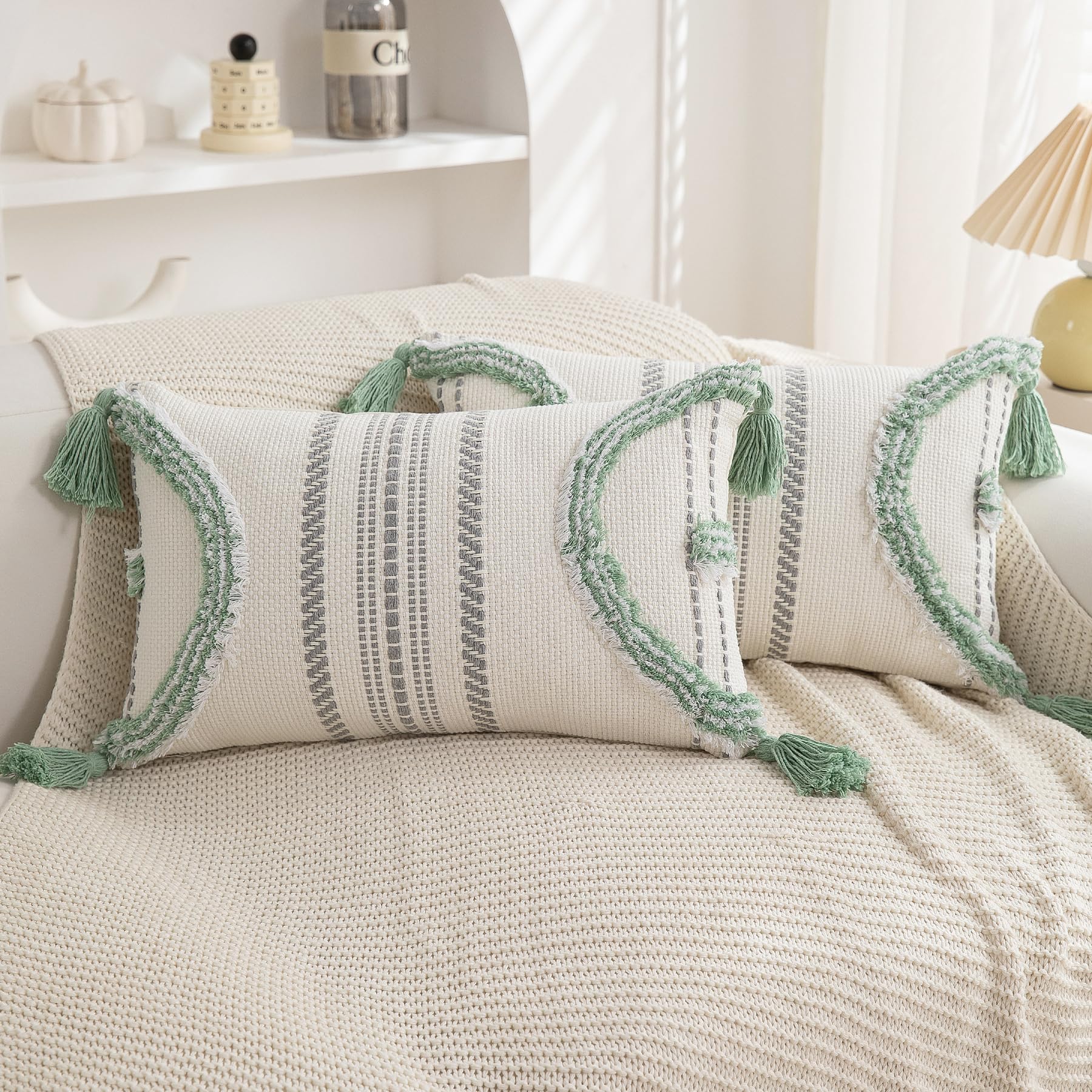 Boho Throw Pillow Covers 18x18 Set of 2 Cotton Woven Tufted Farmhouse Pillows Covers with Tassels Outdoor Neutral Navy Decorative Pillowcases Square Textured Accent Cushion Cases for Couch Bed Sofa