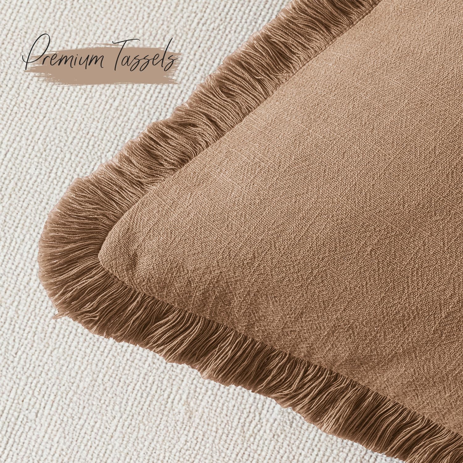 Decorative Linen Fringe Throw Pillow Covers Boho Farmhouse Soft Euro Accent Pillowcases with Tassels for Bed Couch Sofa Living Room Bedroom,24x24 Inch Set of 2,Brown