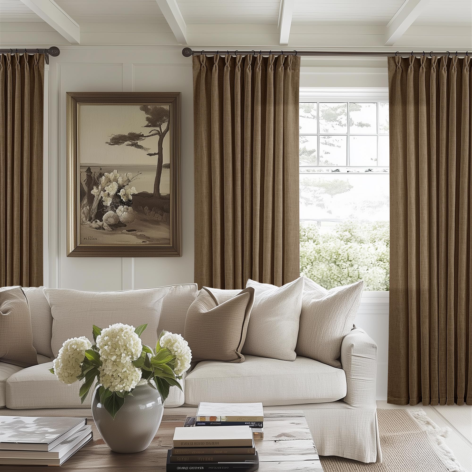 Dutch Cocoa Pinch Pleated Linen Curtains 84 Inches Long 60 Inch Width Linen Blend Light Filtering Window Curtains 84 Inch for Living Room Bedroom Patio Pinch Pleat Drapes Hooks Rings 1 Panel 60Wx84L