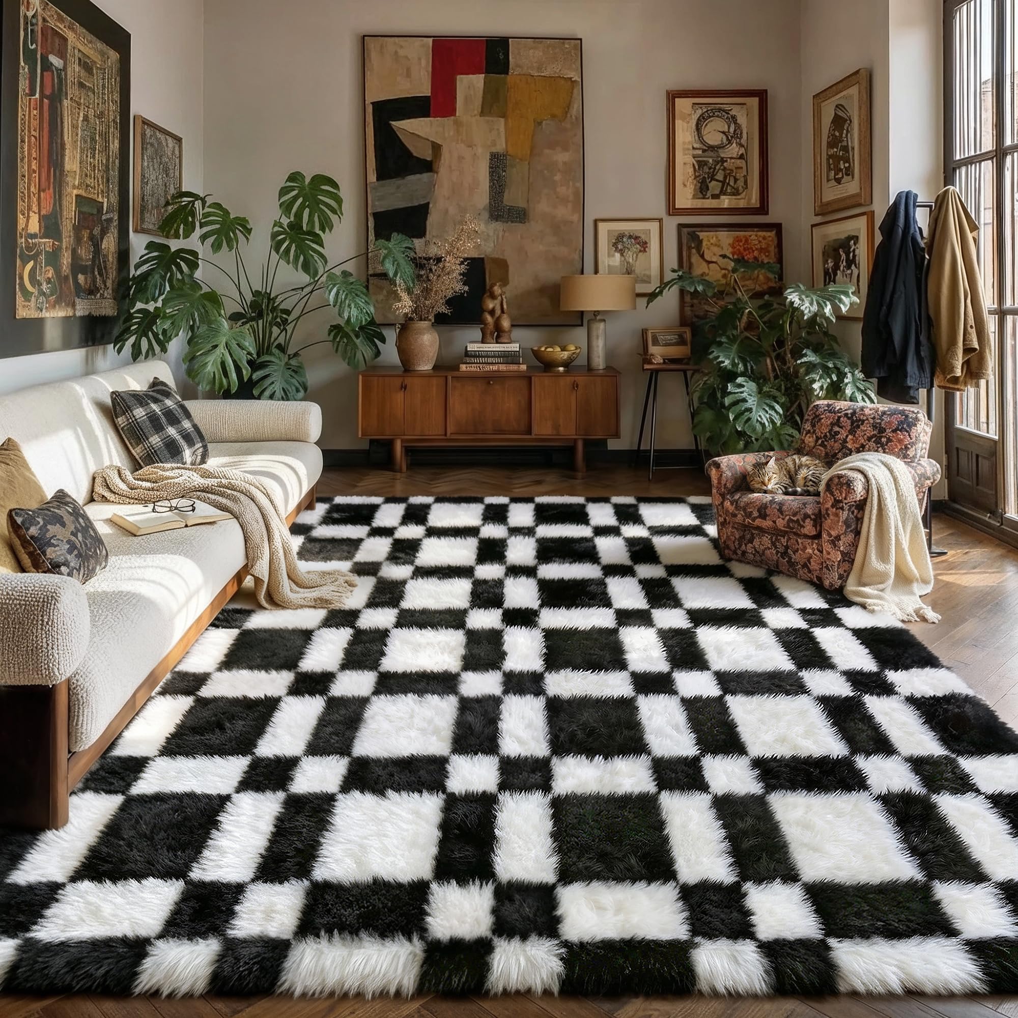 HUGEAR 8x10 Checkered Rug Coloful Living Room Modern Shag Rug Super Soft Washable Indoor Fuzzy Carpet Fluffy Vacuumable Rainbow Area Rugs for Bedroom Home Decor Non Slip