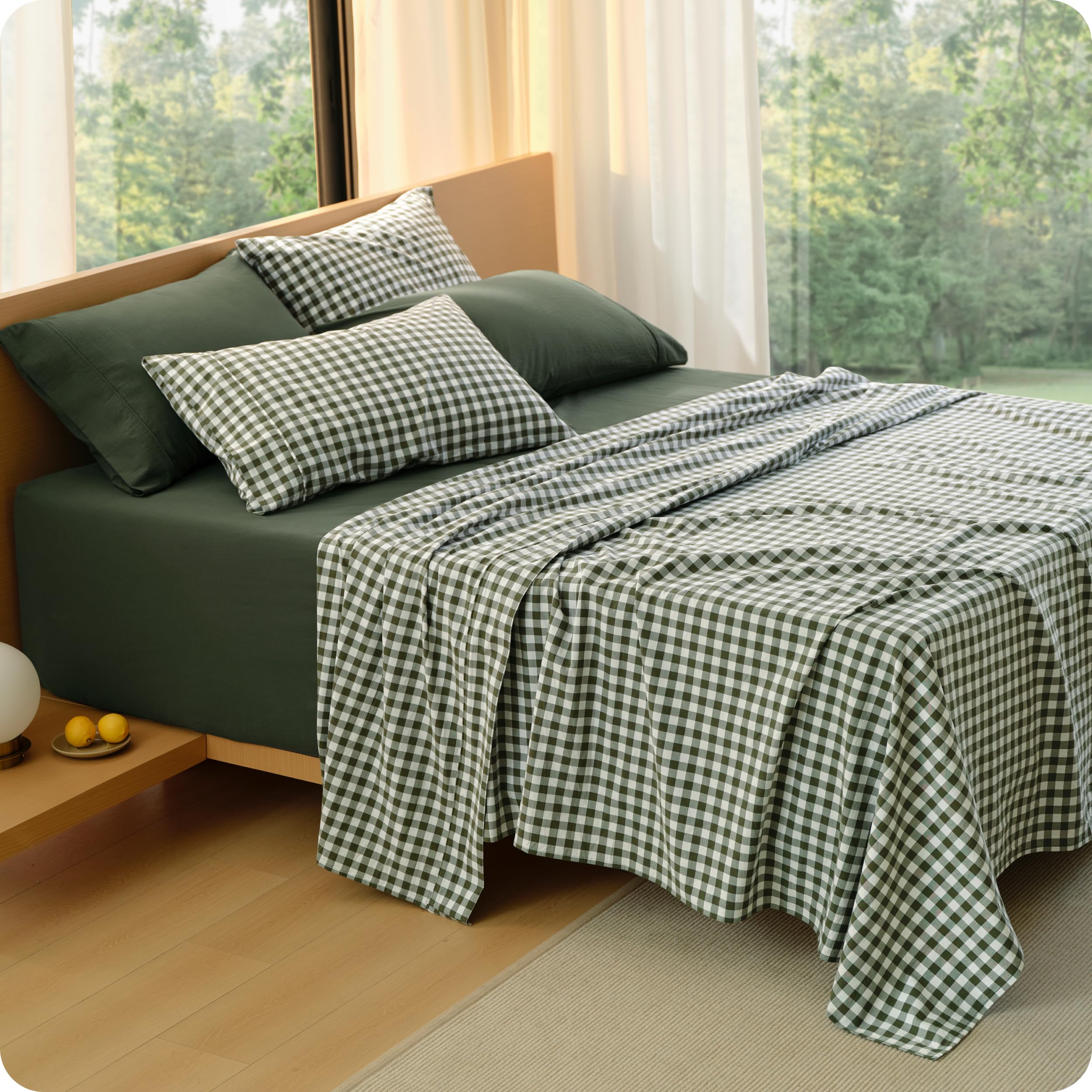 Bedsure 100% Washed Cotton Percale Sheets Queen Size - Linen Like Textured 6-Piece Bedsheet Set with 18" Deep Pocket, Breathable & PureWoven Soft Comfy (Linen Beige, Queen)