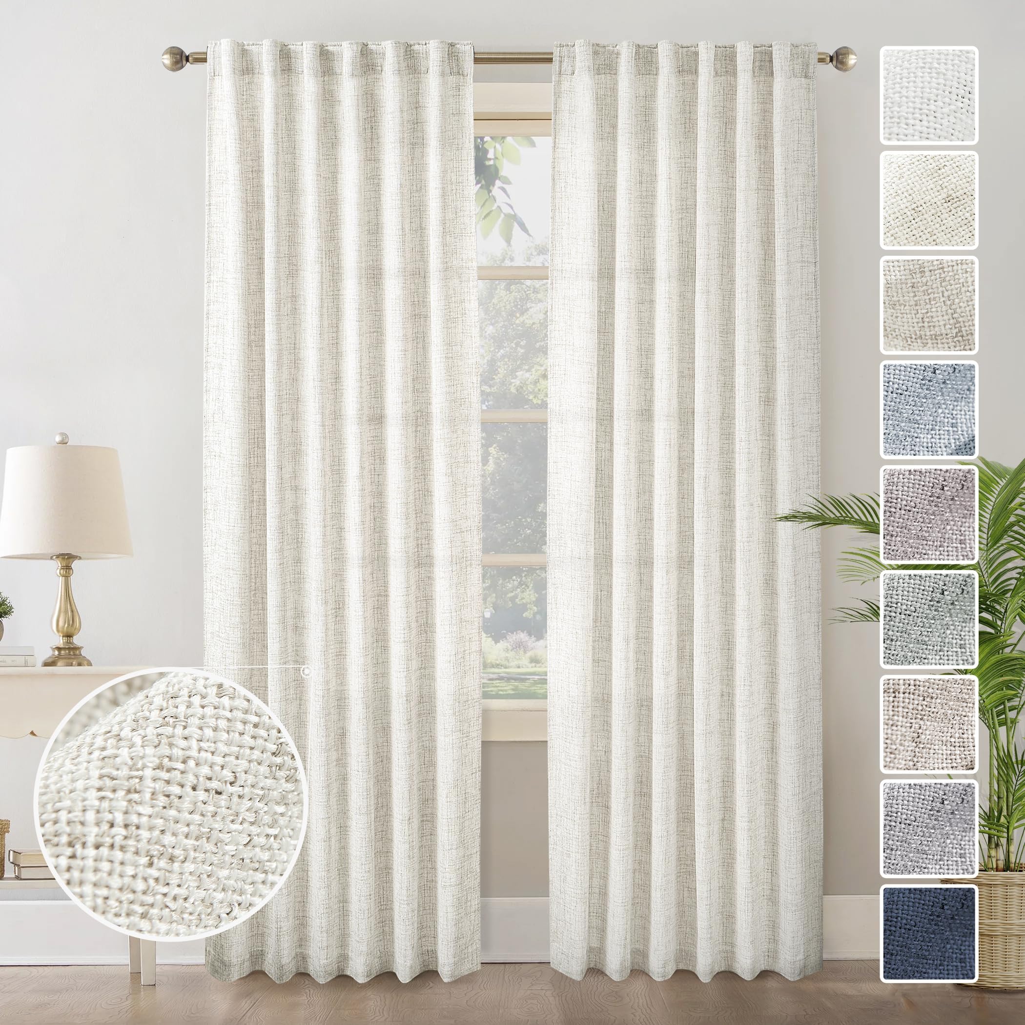 Natural Linen Back Tab Curtains 92 inch Long 2 Panels Set for Living Room Semi Sheer Light Filtering Window Drape Neutral Country Farmhouse Boho Curtains for Bedroom Cream Beige