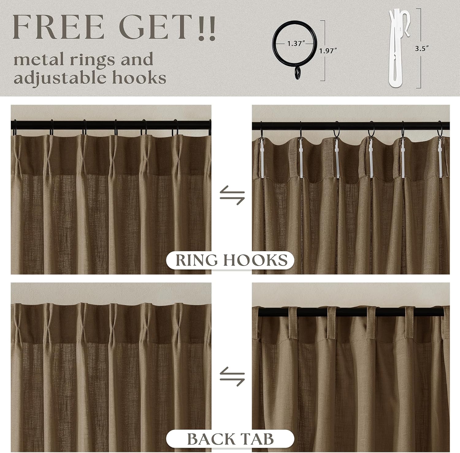 Dutch Cocoa Pinch Pleated Linen Curtains 84 Inches Long 60 Inch Width Linen Blend Light Filtering Window Curtains 84 Inch for Living Room Bedroom Patio Pinch Pleat Drapes Hooks Rings 1 Panel 60Wx84L