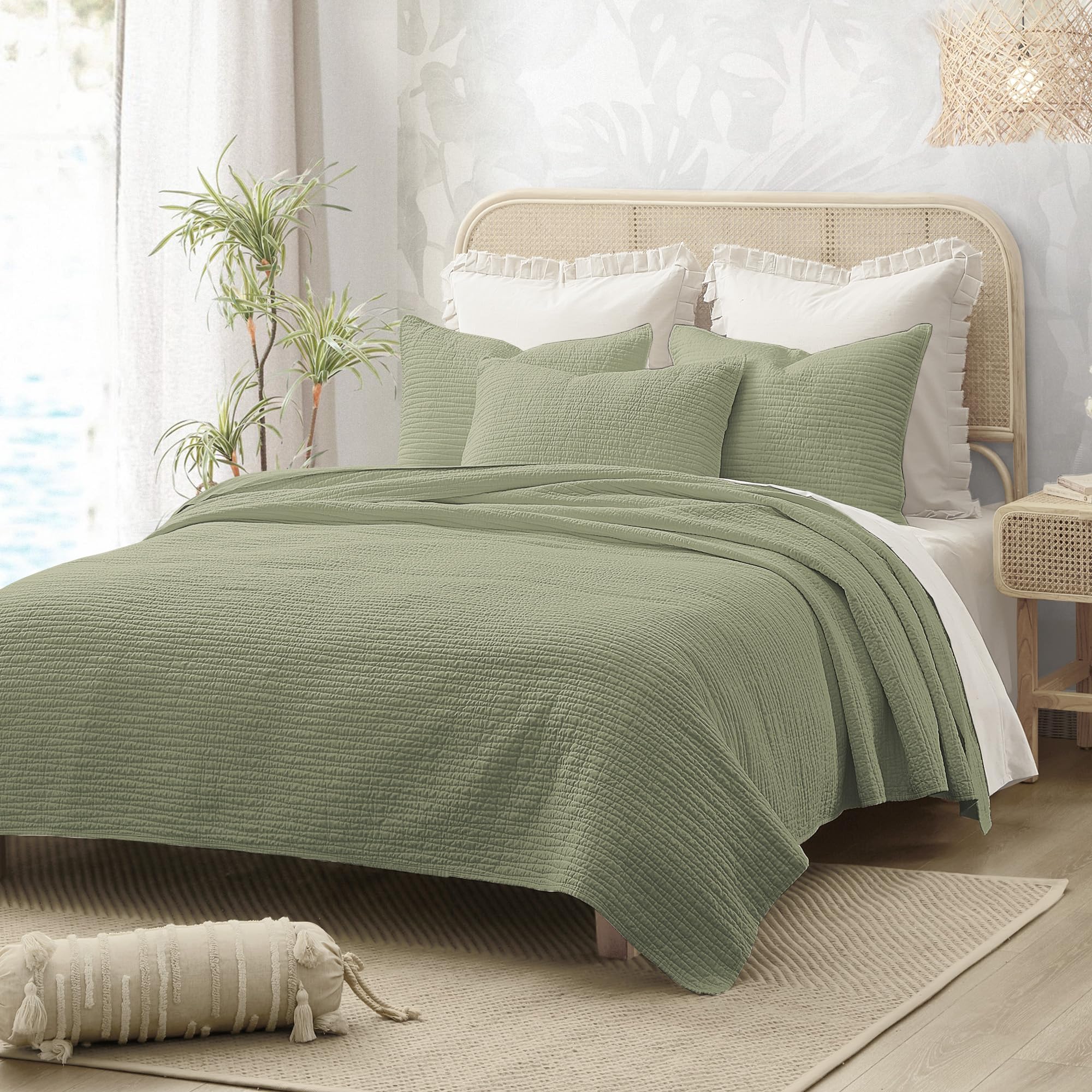 Wonderful Natural Linen Cotton Quilt - Skin-Friendly Breathable & Hypoallergenic Quilt Queen, 3 Piece Wavy Box Stitched Linen Bedding Set, All-Season Use Bedspread & Coverlet Bedding, 94"x94" | Safe Sleep