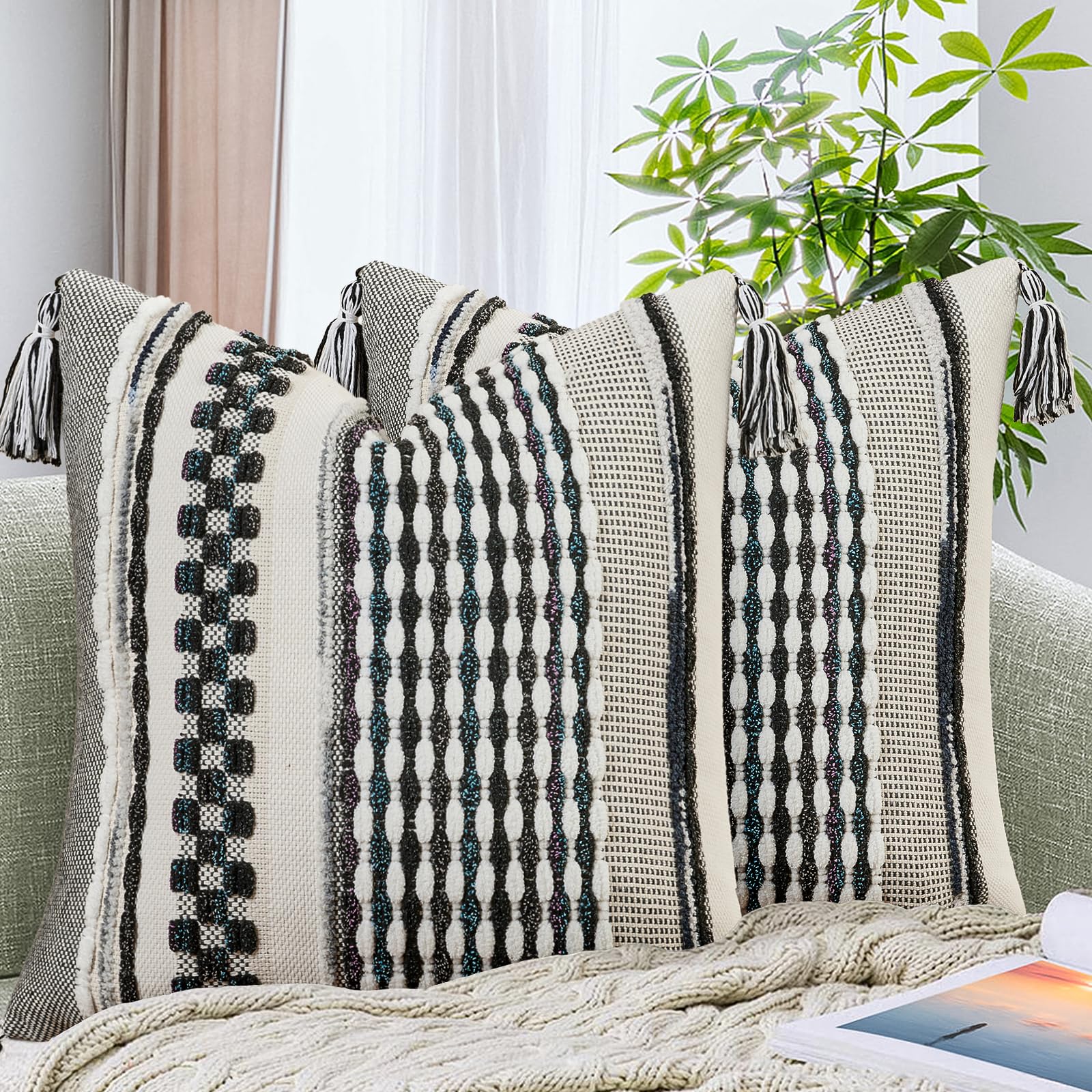 AmHoo Set of 2 Chenille Striped Tufted Textured Boho Throw Pillow Covers Aesthetic with Tassels Woven Decorative Pillow Case for Couch Bed Sofa Bedroom Modern Funky 18 x 18-Inch Brown White