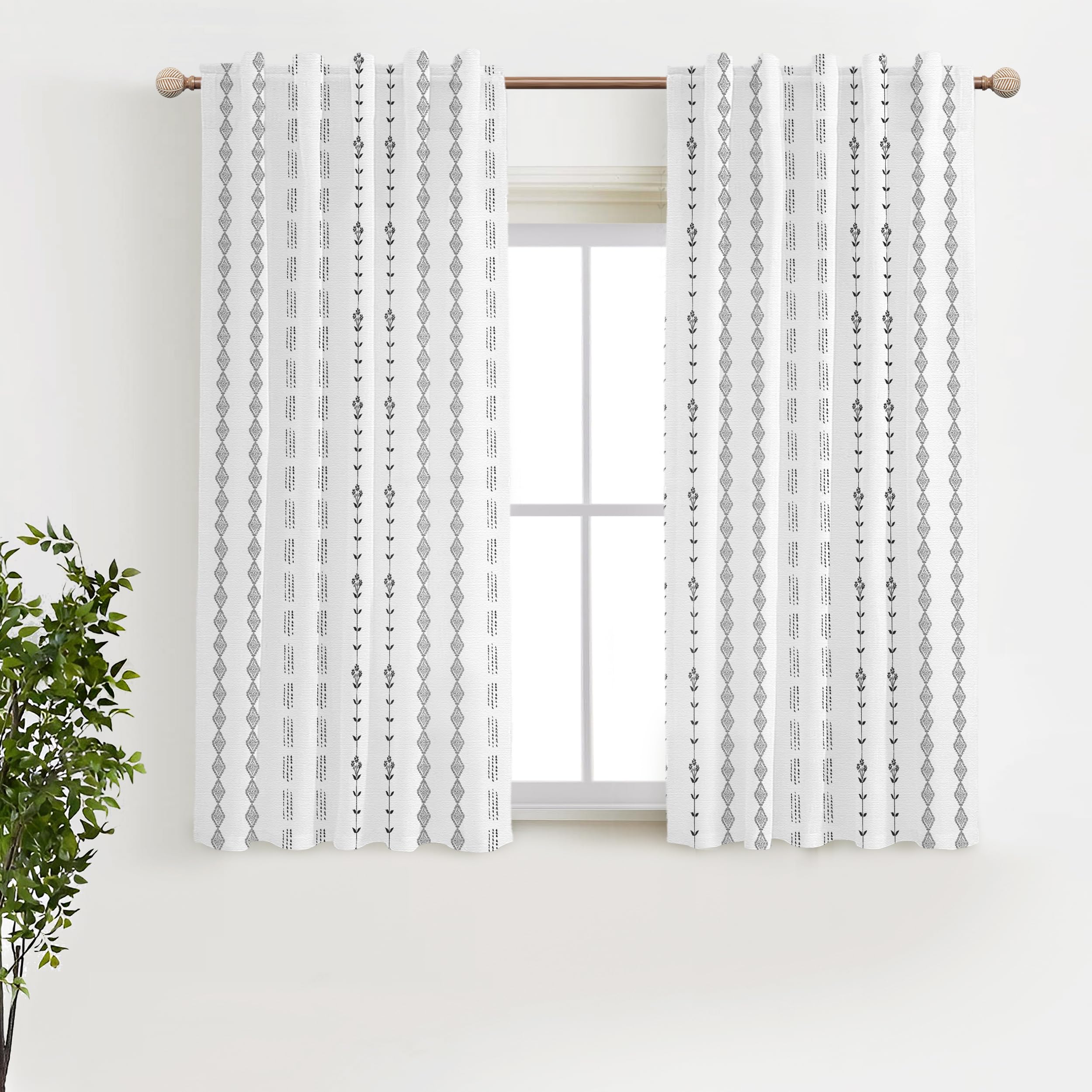 Linen Farmhouse Curtains for Living Room, Neutral Taupe Cream Light Filtering Boho Sheer Floral Patterned Curtains for Dining Room Bedroom 84 Inch Length 2 Panels Set