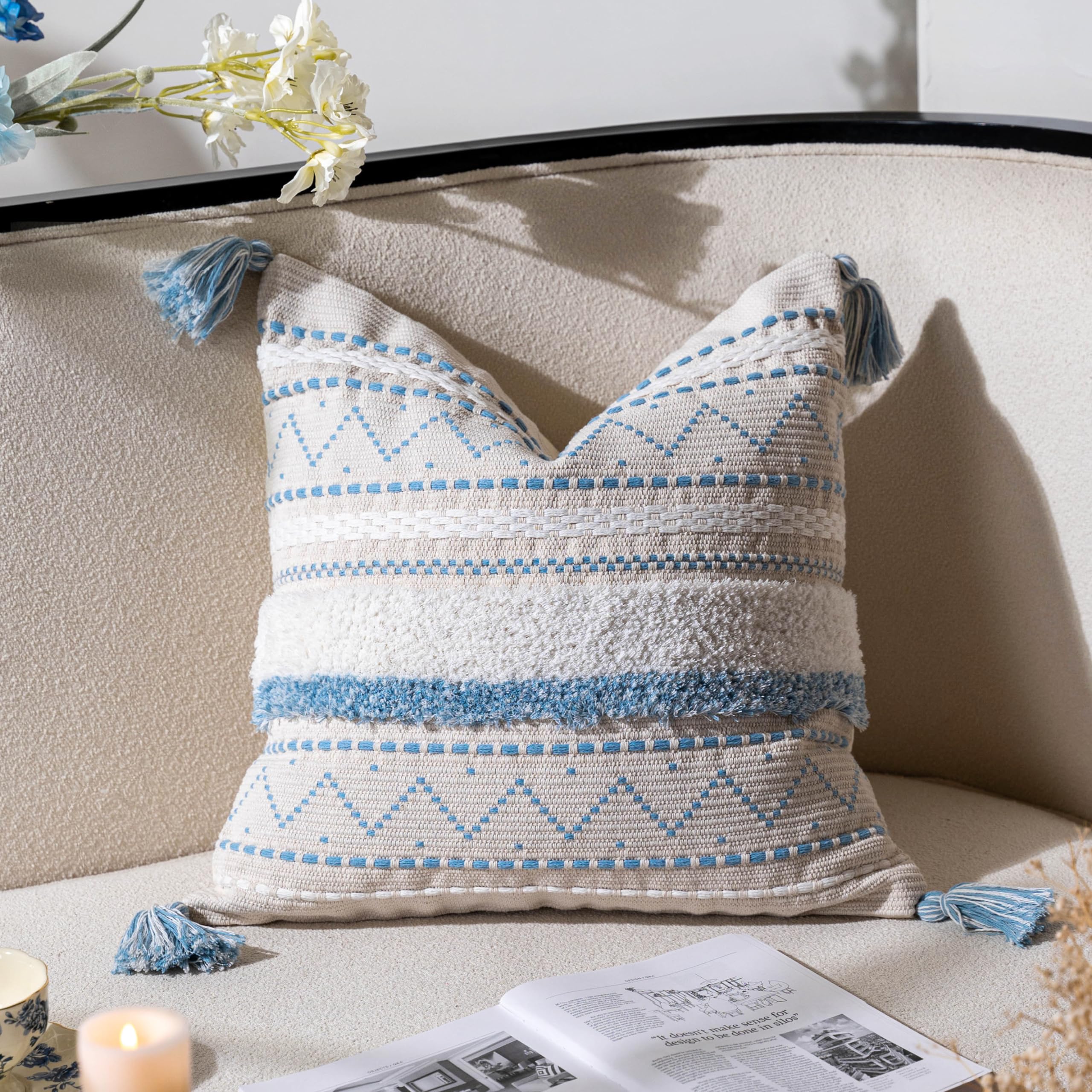BlissBlush Decorative Throw Pillow Covers 20x20 Combo Set of 2 Square Cream Neutral White Boho Accent Pillowcase Tassels Farmhouse Cushion for Couch Sofa Bedroom Living Room Home Décor Cover ONLY