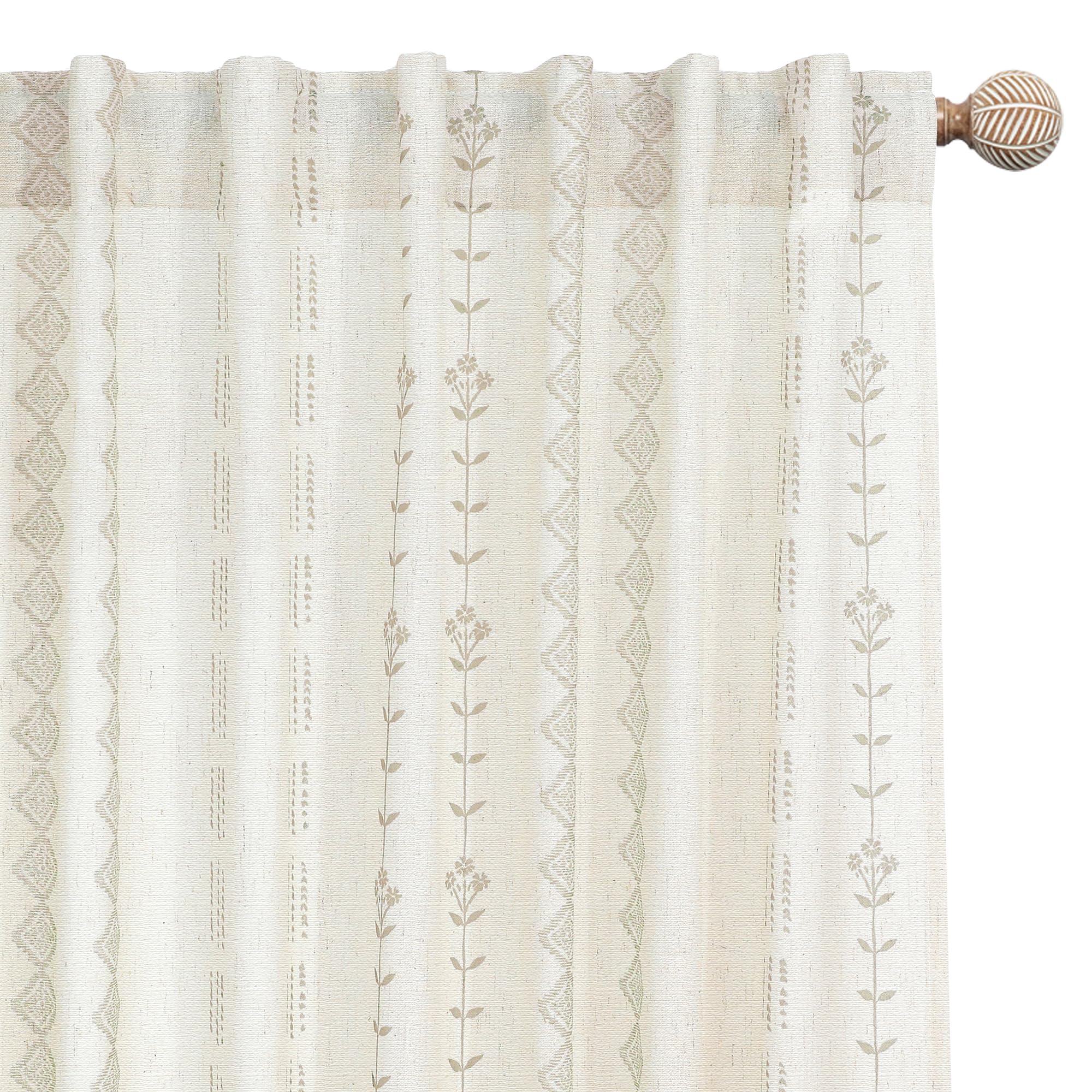 Linen Farmhouse Curtains for Living Room, Neutral Taupe Cream Light Filtering Boho Sheer Floral Patterned Curtains for Dining Room Bedroom 84 Inch Length 2 Panels Set