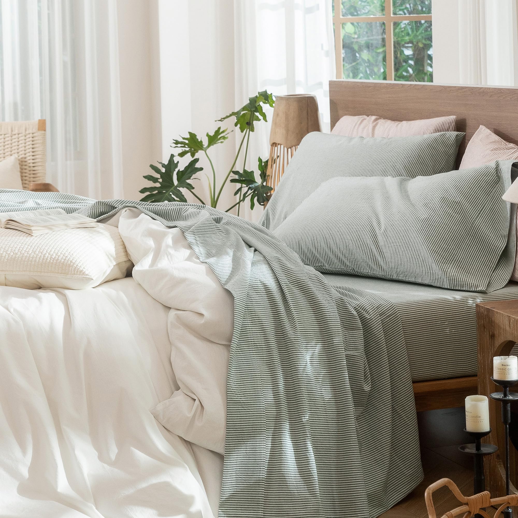 MooMee Bedding Sheet Set 100% Washed Cotton Linen Like Textured Breathable Durable Soft Comfy (Heathered Green, Queen)