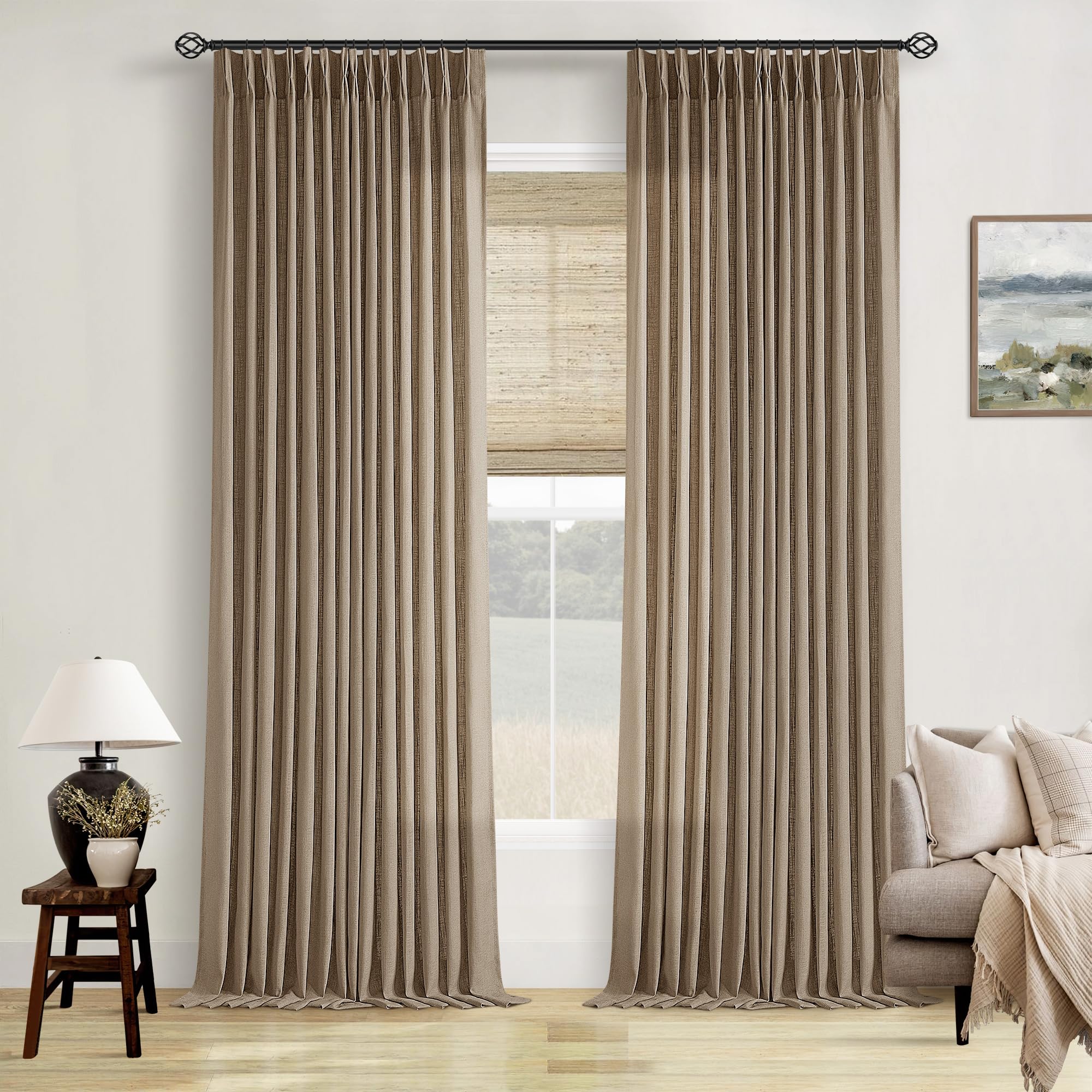 Dutch Cocoa Pinch Pleated Linen Curtains 84 Inches Long 60 Inch Width Linen Blend Light Filtering Window Curtains 84 Inch for Living Room Bedroom Patio Pinch Pleat Drapes Hooks Rings 1 Panel 60Wx84L