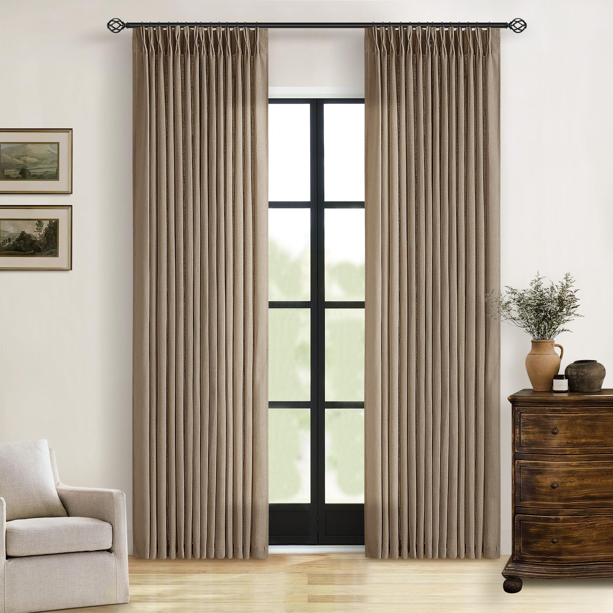 Dutch Cocoa Pinch Pleated Linen Curtains 84 Inches Long 60 Inch Width Linen Blend Light Filtering Window Curtains 84 Inch for Living Room Bedroom Patio Pinch Pleat Drapes Hooks Rings 1 Panel 60Wx84L