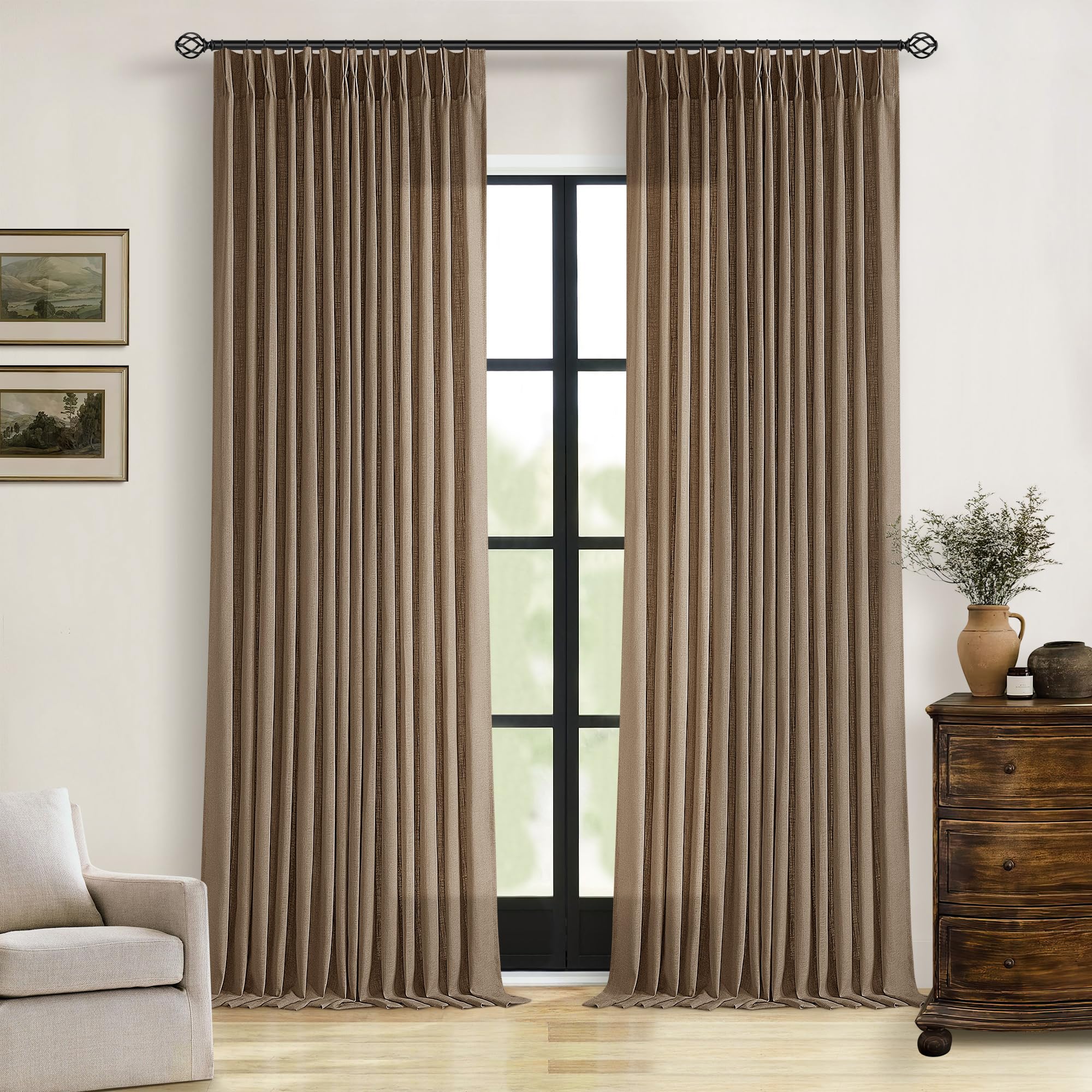 Dutch Cocoa Pinch Pleated Linen Curtains 84 Inches Long 60 Inch Width Linen Blend Light Filtering Window Curtains 84 Inch for Living Room Bedroom Patio Pinch Pleat Drapes Hooks Rings 1 Panel 60Wx84L
