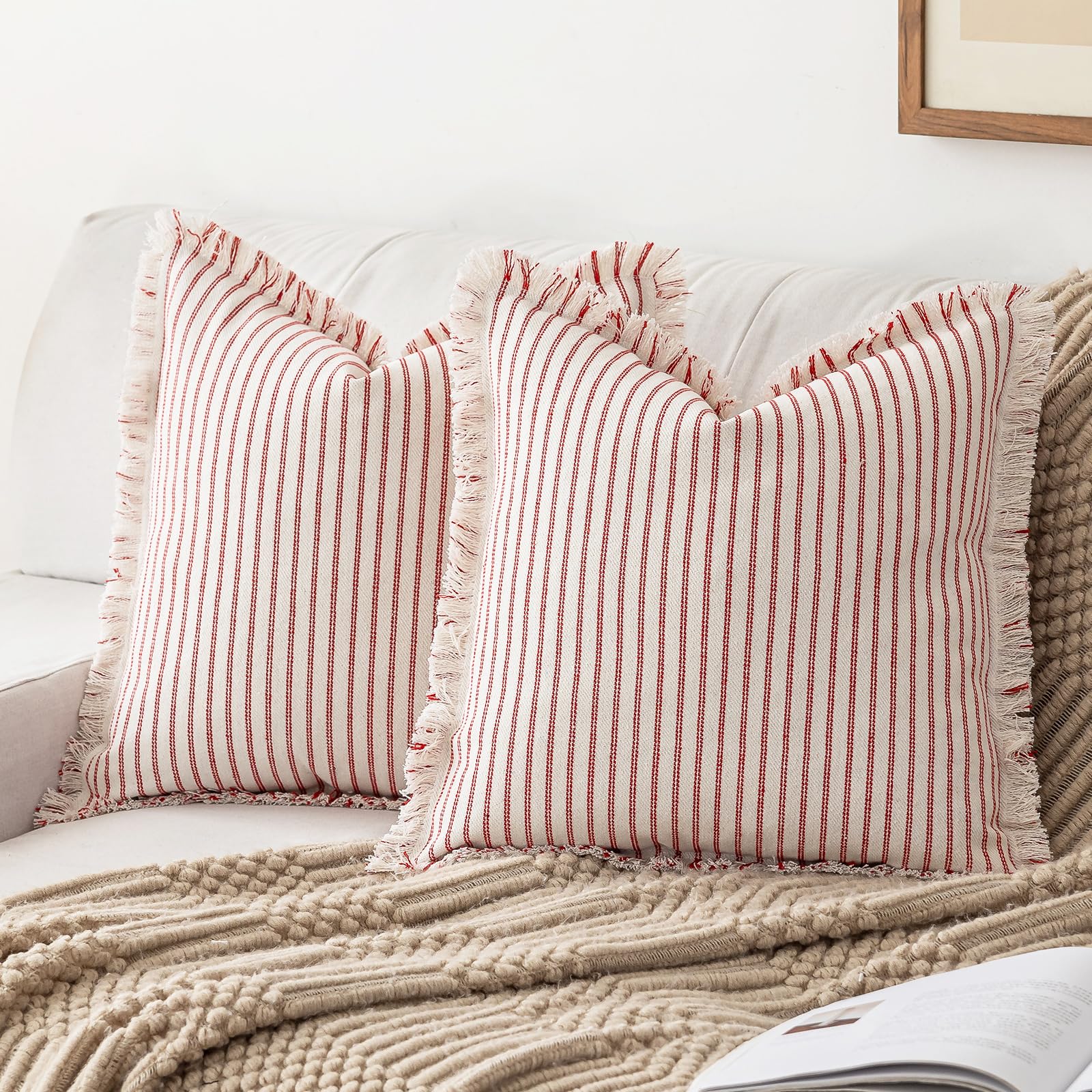 YEENAASY Throw Pillow Covers 22x22 Set of 2 Striped Fringe Pillow Cover Farmhouse Cushion Covers with Tassel Neutral Boho Pillows Decorative Square Pillowcase for Couch Sofa Bed, Blue