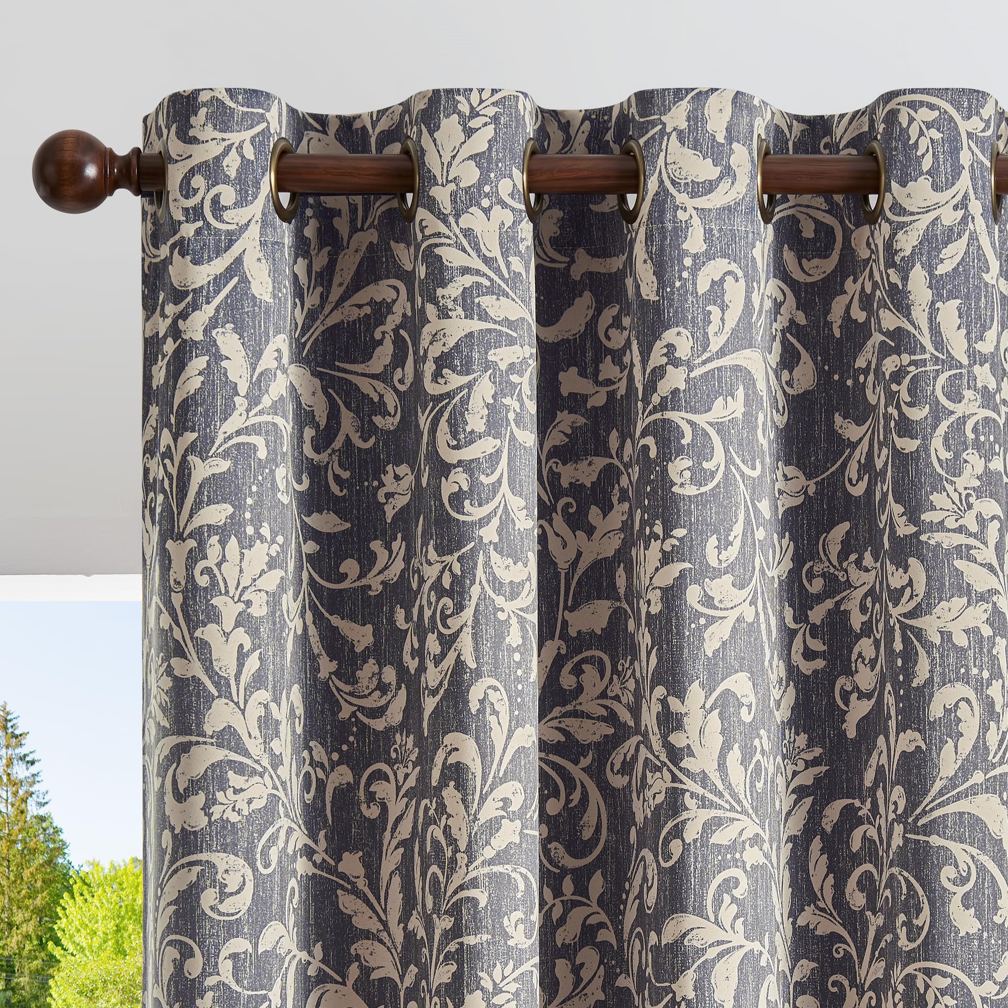 jinchan Vintage Curtains 84 Inch Long Cream Scroll Floral Dusty Blue Curtians for Living Room Bedroom Room Darkenign Drapes Thermal Insulated Classic Traditional Privacy Grommet Top 2 Panels