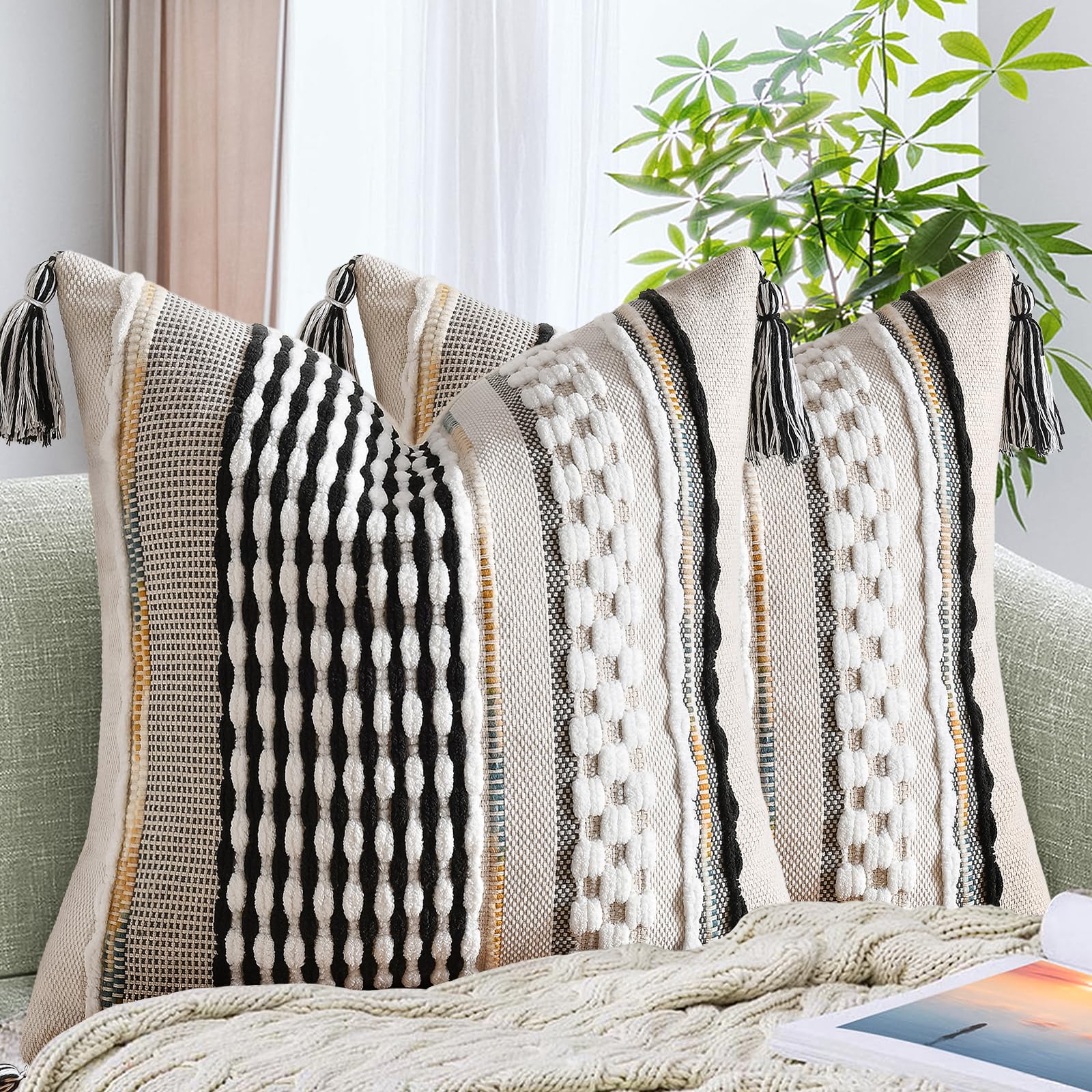 AmHoo Set of 2 Chenille Striped Tufted Textured Boho Throw Pillow Covers Aesthetic with Tassels Woven Decorative Pillow Case for Couch Bed Sofa Bedroom Modern Funky 18 x 18-Inch Brown White