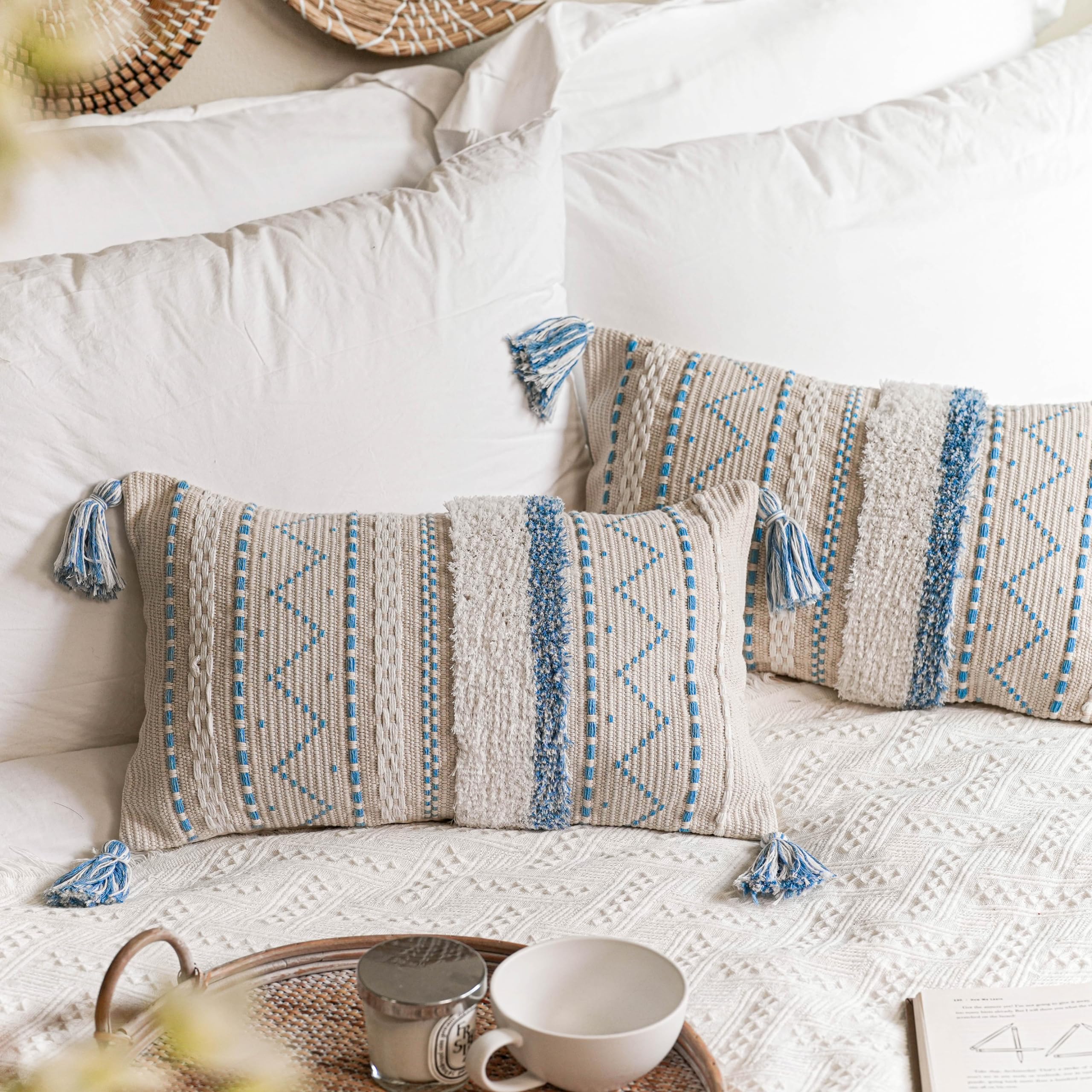 BlissBlush Decorative Throw Pillow Covers 18x18 Combo Set of 2 Square Boho Black Neutral Accent Pillowcase Tassels Farmhouse Cushion for Couch Sofa Bedroom Living Room Home Décor Cover ONLY