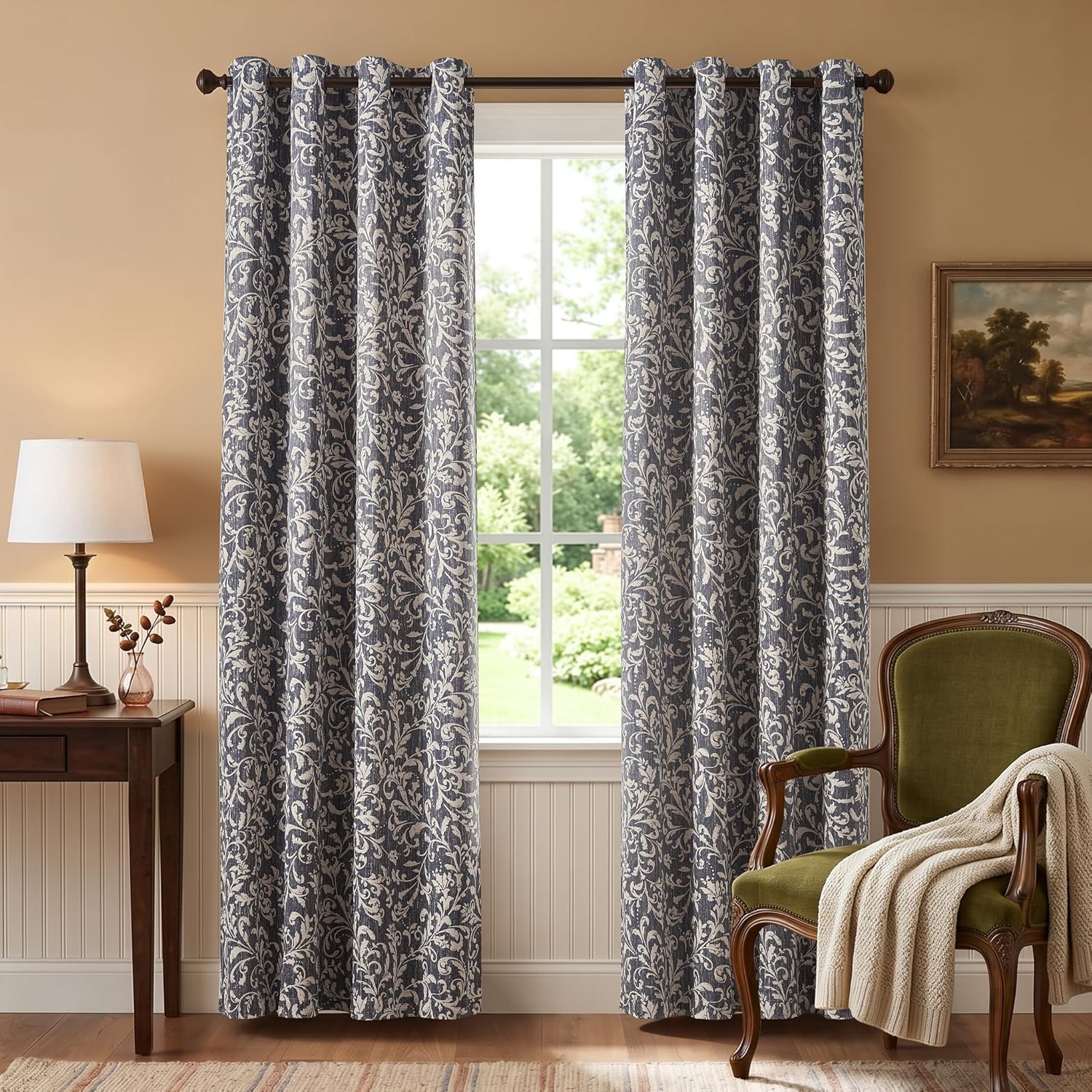 jinchan Vintage Curtains 84 Inch Long Cream Scroll Floral Dusty Blue Curtians for Living Room Bedroom Room Darkenign Drapes Thermal Insulated Classic Traditional Privacy Grommet Top 2 Panels