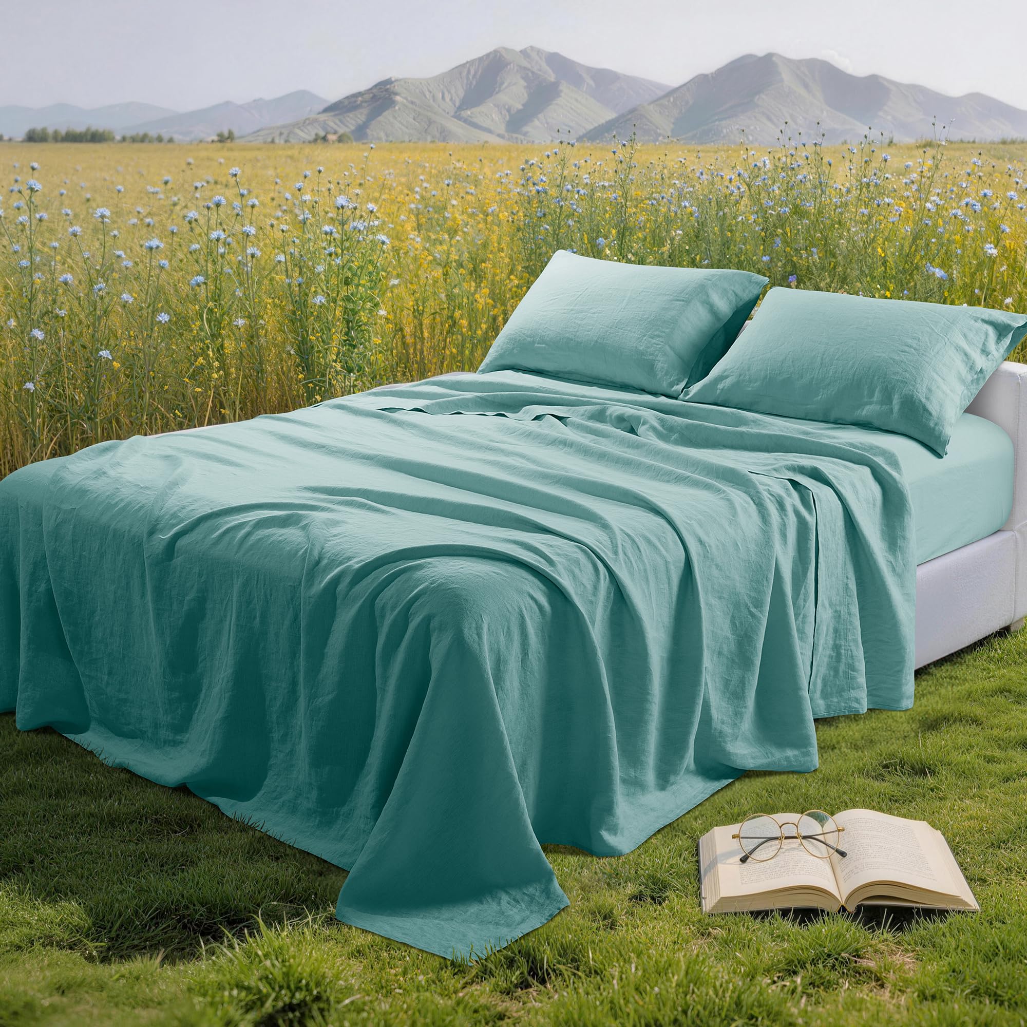 100% Pure Linen Sheet Set for Hot Sleepers, Breathable Natural Linen Sheets 4pcs, Bedding Set Deep Pocket Up to 16" Moisture-Wicking, Softens with Every Wash (Linen Queen)